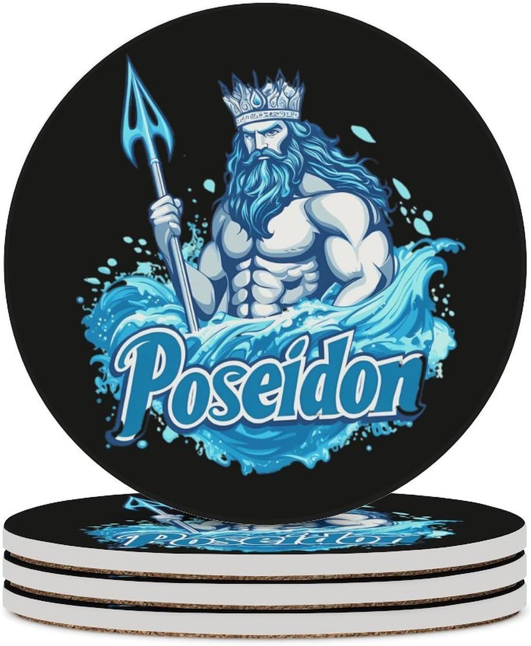 Poseidon Ancient Greece Mythology Funny Round Ceramic Coasters for Drink Absorbent Cup Holders Tabletop Protection