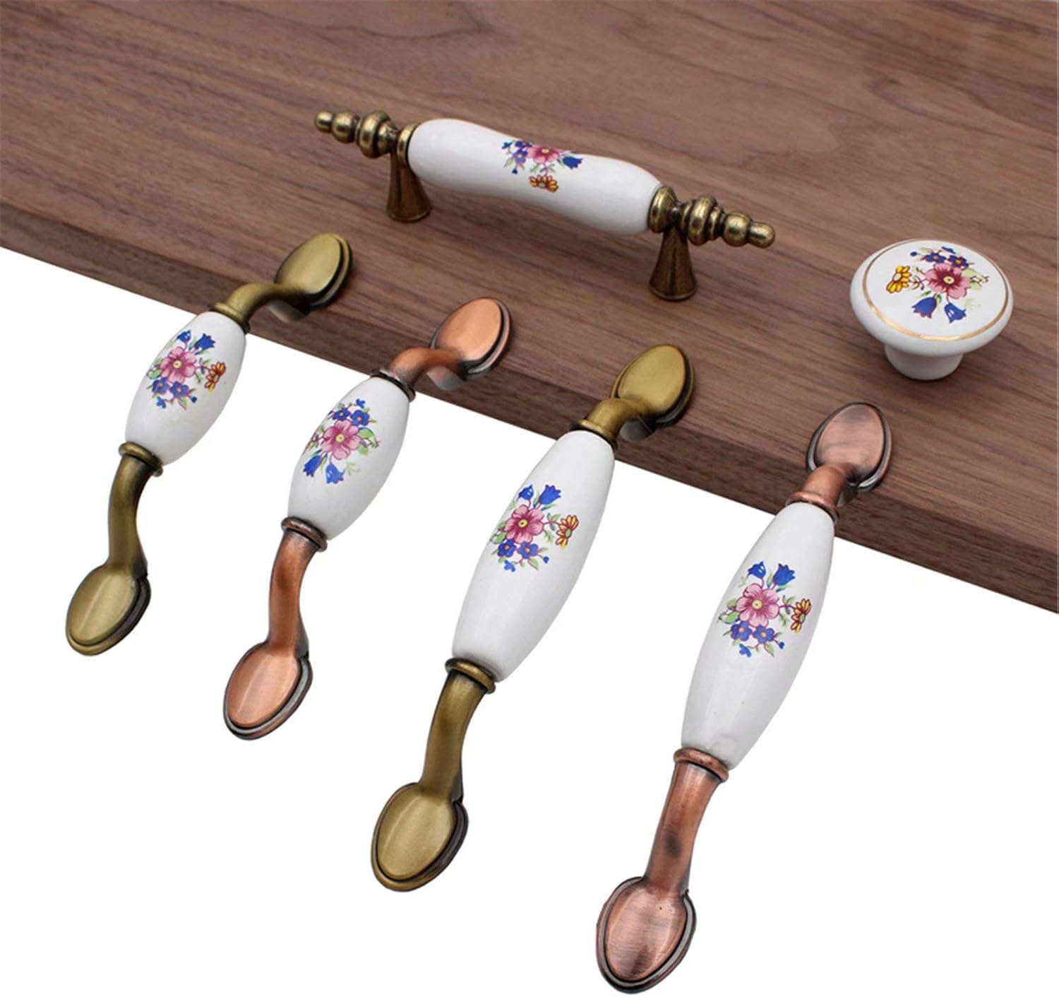 Set of 10 Classic Blue and Pink Flower Bronze Antique Ceramic Knobs - Hand-Painted Flower Door knob Handmade Kitchen Cupboard & Drawer Knobs - Cabinet Pulls/Handle