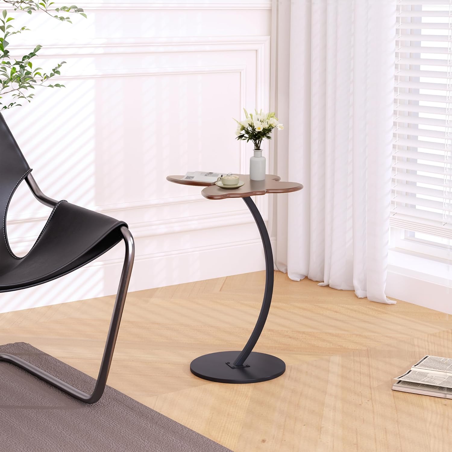 C-Shaped End Table - Small Side Table for Couch, Butterfly Coffee Tables for Small Spaces, End Tables Living Room, Bedroom, Bedside - Walnut Color