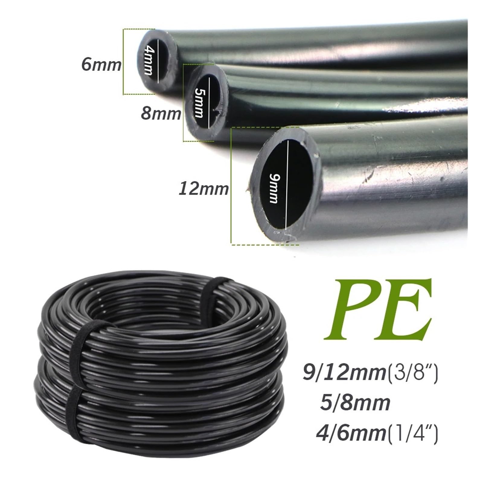 Tuyau d'arrosage PE noir résistant à la pression, tuyau d'irrigation goutte à goutte 4/6mm 5/8mm 9/12mm, eau 3/8 "1/4"(OD-12mm,10m-25.8FT)