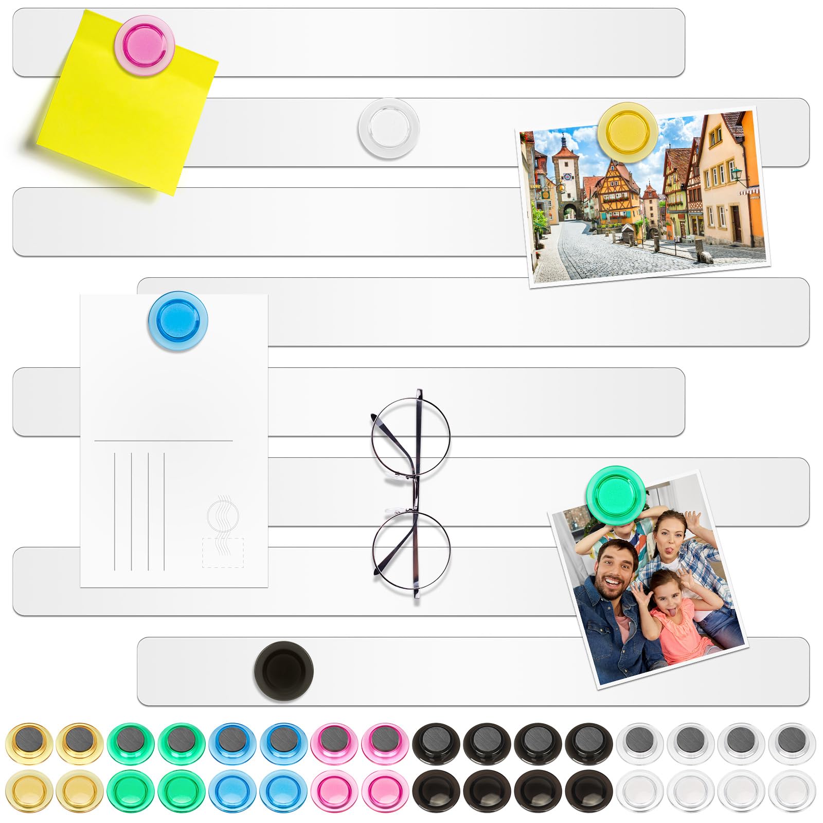 Wukong 8 Pack | 30x3cm(11.81 x 1.18) Magnetic Stainless White Boards Strips, Adhesive Backing Bulletin Bar Board, Memo Board with 32Pcs Colorful