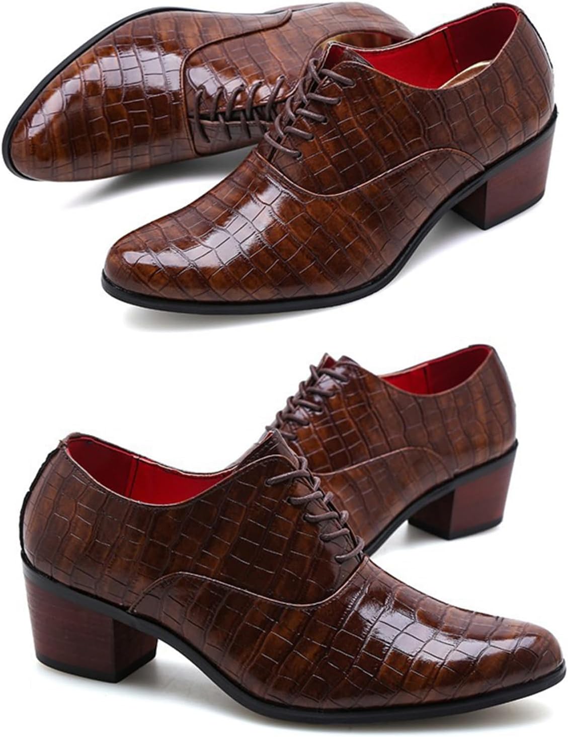 Men's Stone Pattern Chunky Heel Leather Dress Oxford Shoes Fashion Classic Pointed Toe Lace Up Low Top Business Formal Derby Shoes - Image 6