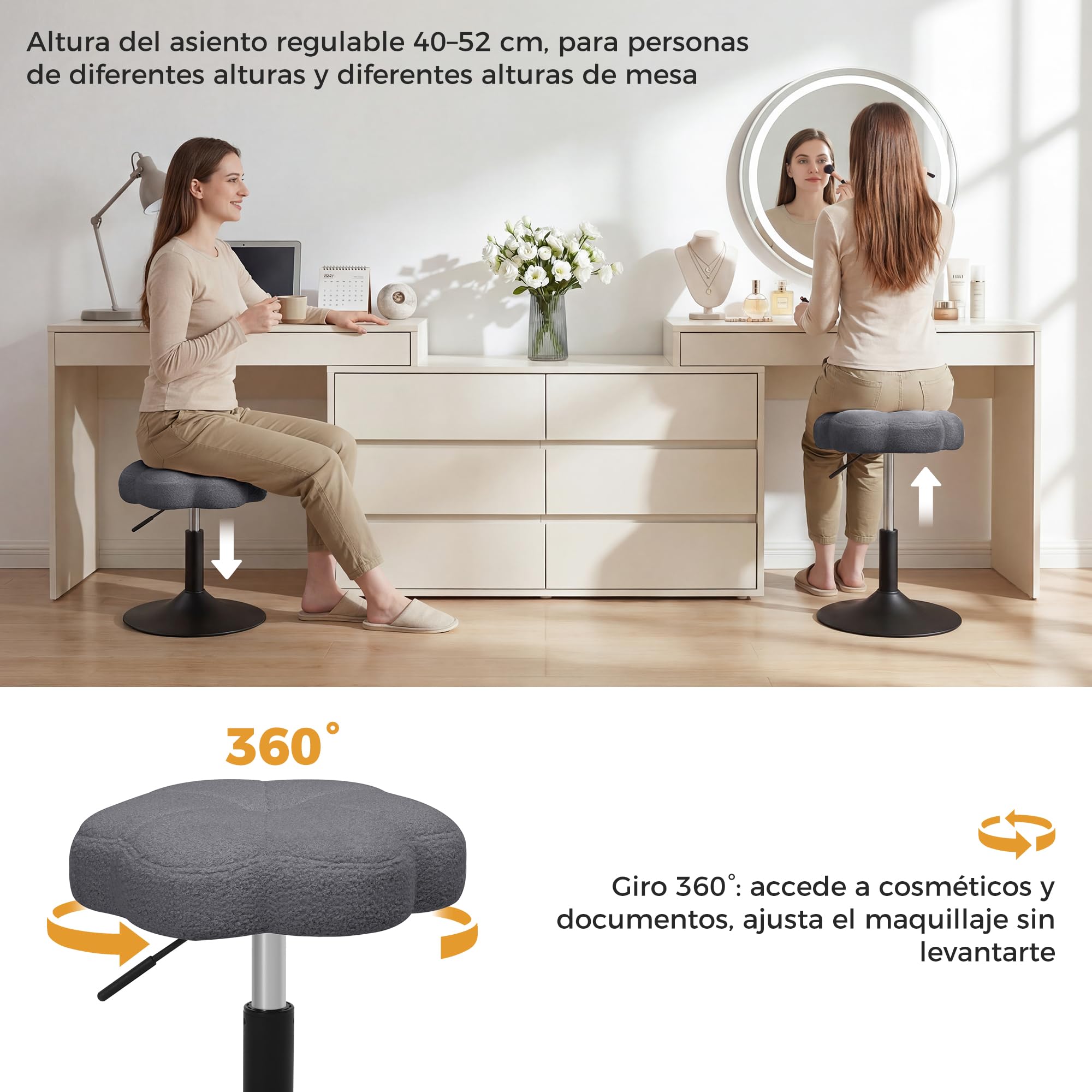 ELUCHANG Taburete de Tocador en Forma de Pétalo, Silla Tocador Maquillaje para Dormitorio - Altura Ajustable 40-52cm, Giratorio 360°, Tejido Sherpa Transpirable Gris