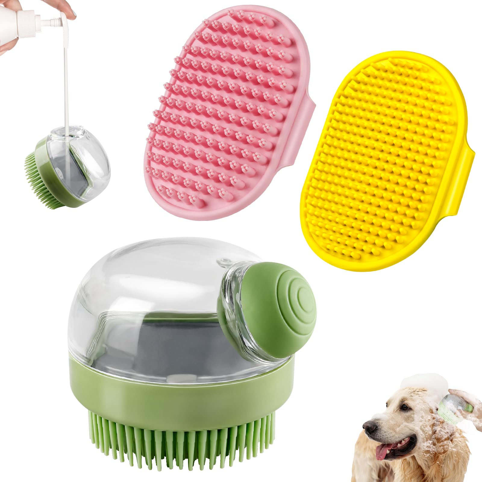 ComotechDog Bath Essentials: Adjustable Scrubber Brush Set for Short & Long Hair (Green, Yellow, Pink)