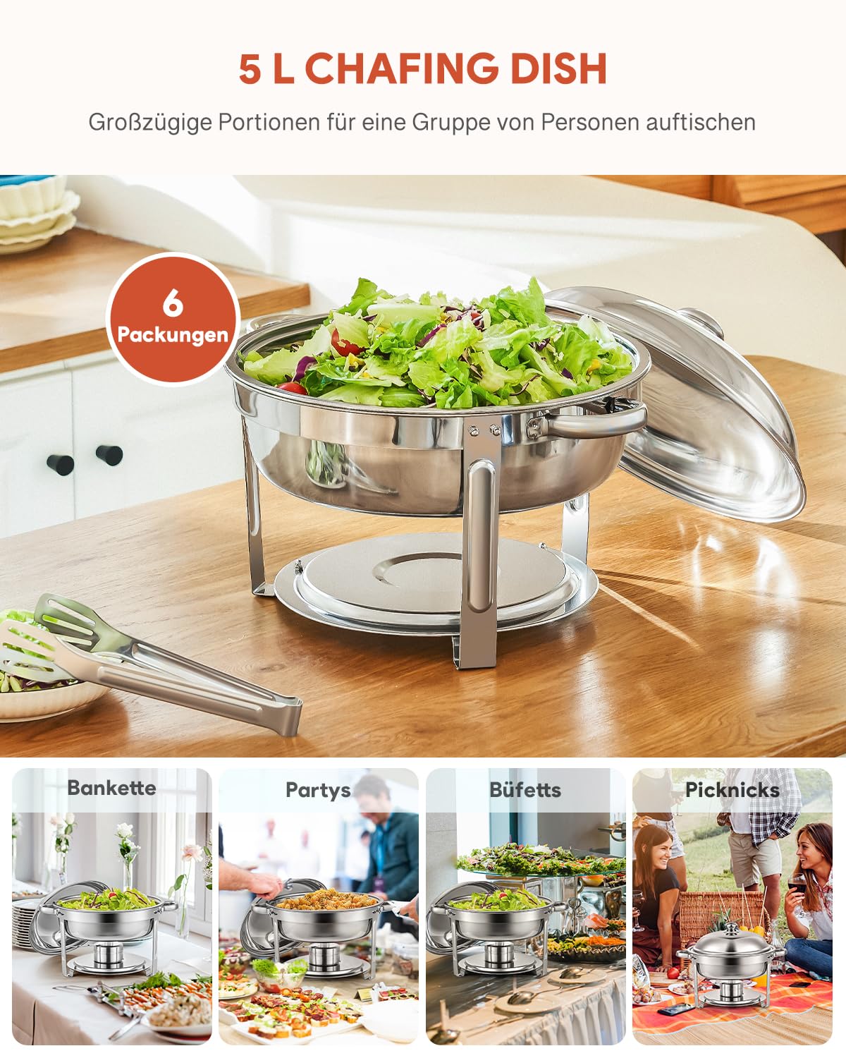 Wilprep podgrzewacz 5L 6-częściowy zestaw okrągłych pojemników termicznych ze stali nierdzewnej Chafing Dishes podgrzewacz do potraw, pojemnik termiczny, podgrzewacz do zup Bain Marie pojemnik do