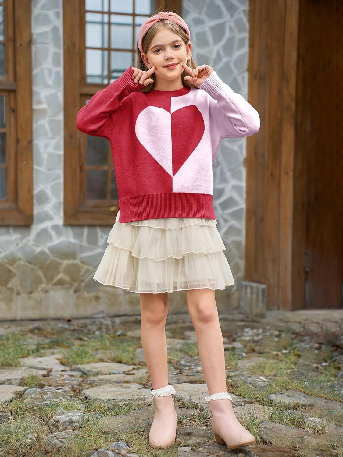 Haloumoning Girls Heart Sweater Kids Cute Color Block Knit Sweaters 7-14 Years - Image 5