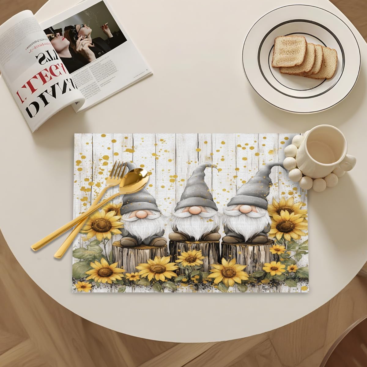 Vinyl Placemats Set of 6 for Dining Tables,Farm Sunflower Gnomes Kitchen Table Mats Heat Resistant Washable Wipeable PVC Place Mat for Indoor Outdoor Seasonal Party