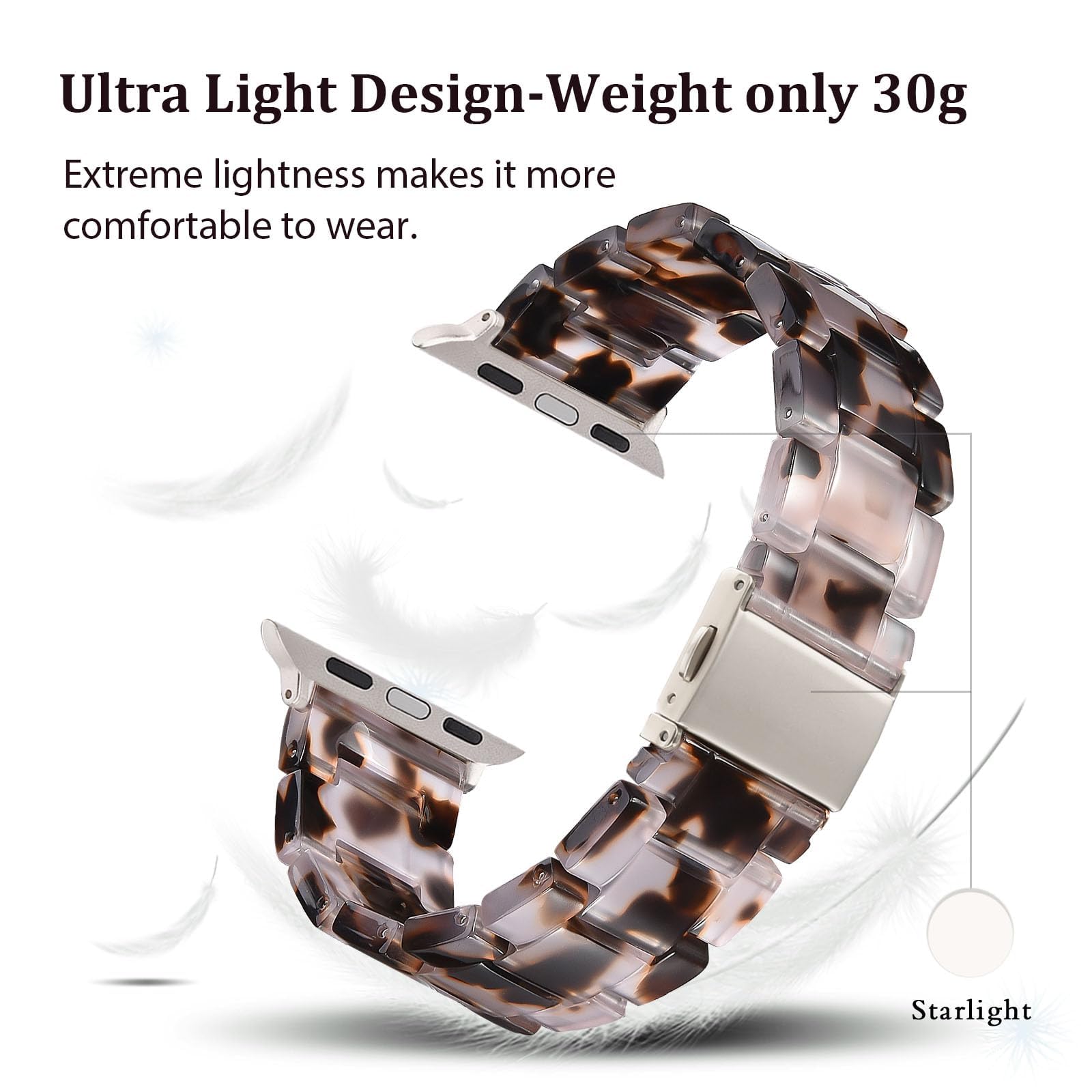 V.R.HOPE Resin Watch Band Compatible with Apple Watch Band for Women 42mm 44mm 45mm Tortoise Metal Buckle Wristband Bracelet Strap for iWatch Series 10 9 8 7 6 5 4 3 2 1 SE(Tortoise starlight)