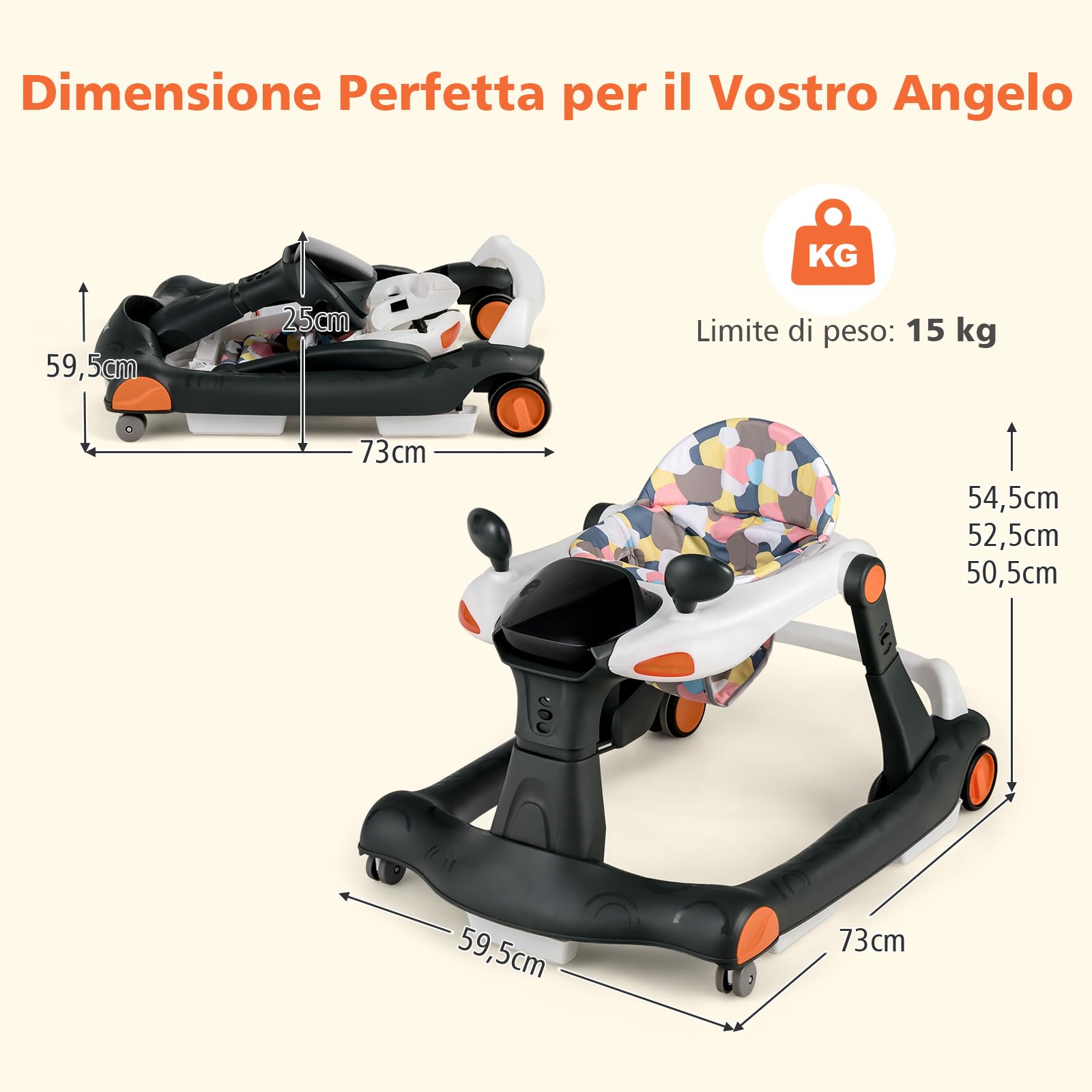 RELAX4LIFE 2 in 1 Girello Neonato 6-18 Mesi, Primi Passi per Bambini con Altezza e Velocità Regolabili, Girello Pieghevole con Musica e Luce, Cuscino Rimovibile e Lavabile, Fino a 15 KG (Nero)