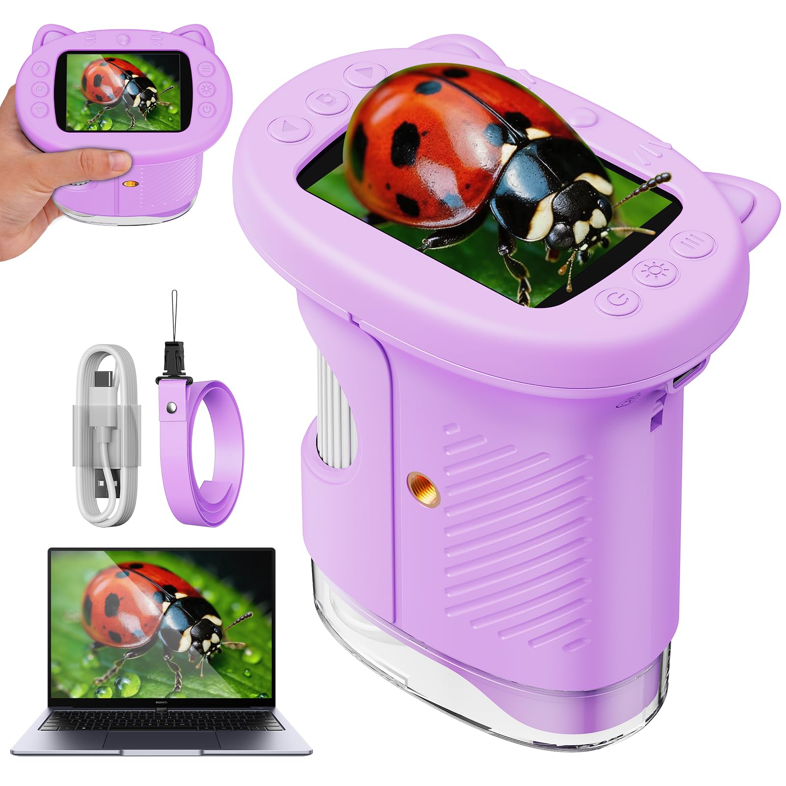 Tragbares Mikroskop für Kinder, 1000x Digitales Handmikroskop Kinder mit 2,4 Zoll IPS Bildschirm, Fotofunktion und PC-kompatibel, Kindermikroskop für Garten, Wald und Outdoor (Lila)