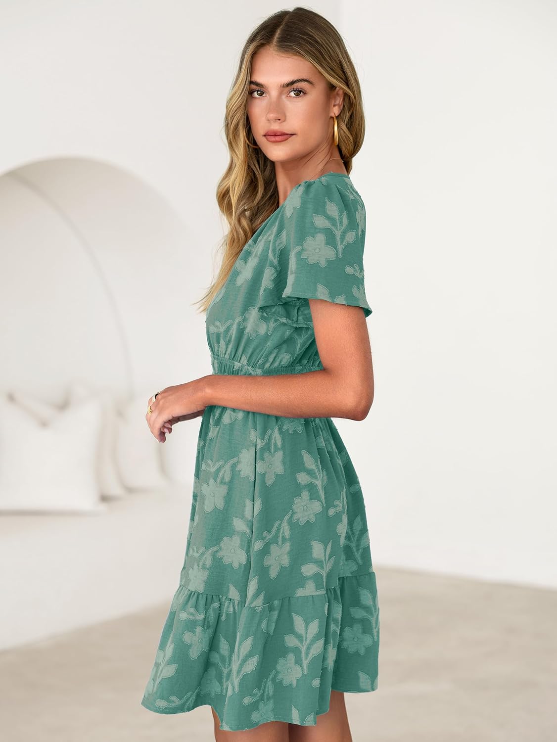 Simplee Womens Summer Floral Dress Casual Short Sleeve V Neck Empire Waist Boho Flowy A Line Mini Wedding Guest Dresses - Image 4