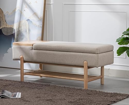 Banco de entrada, moderno banco otomano tapizado con tapa abatible de tela de lino, banco otomano con marco de maderaestante para sala de estar,