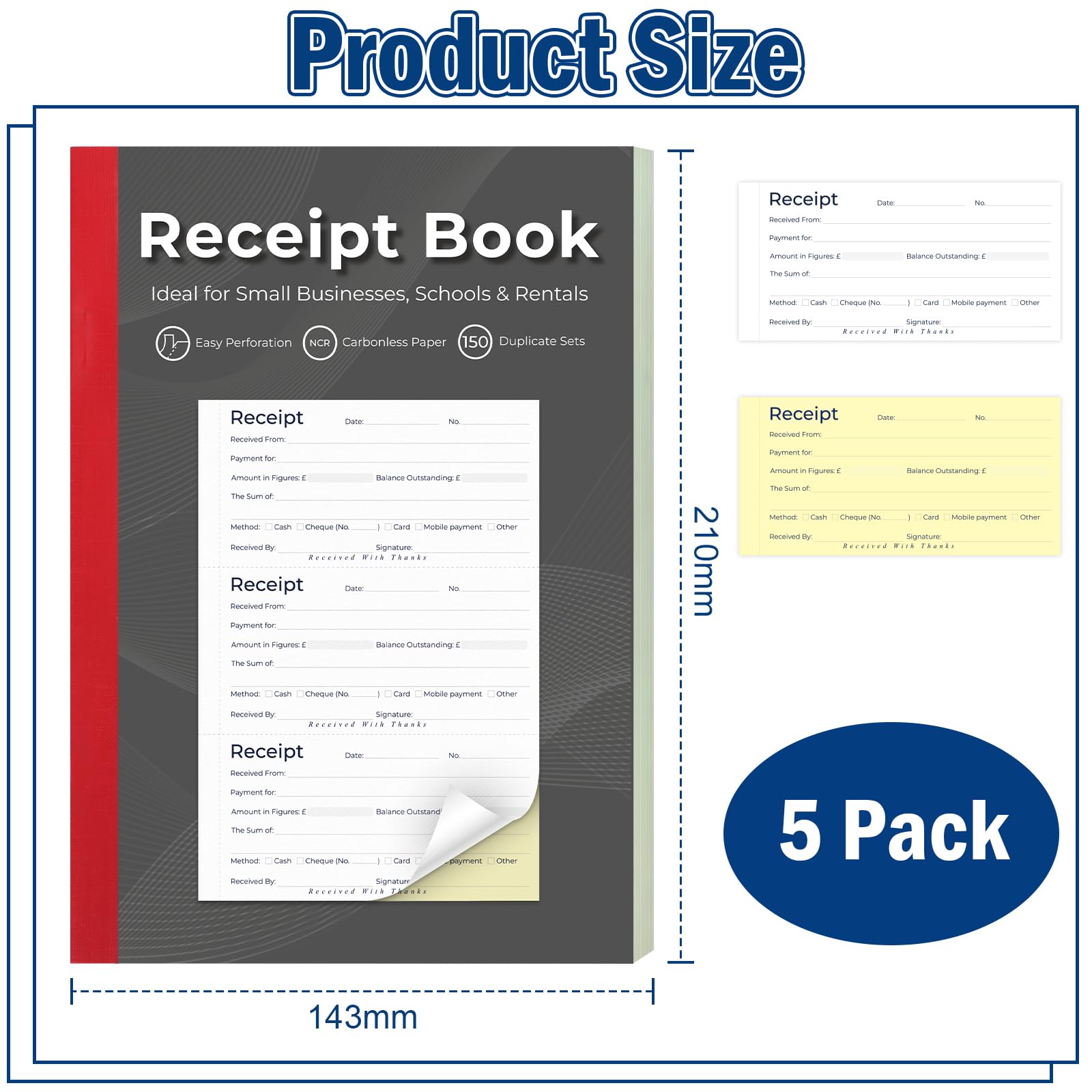 Kassenbuch, 3-teilig pro Seite, A5, Quittungsbuch, dupliziert, 2-teilig, 150 Sets, perforiert, reißfest, für kleine Unternehmen, Selbstständige, 143 x 210 mm, 5 Stück