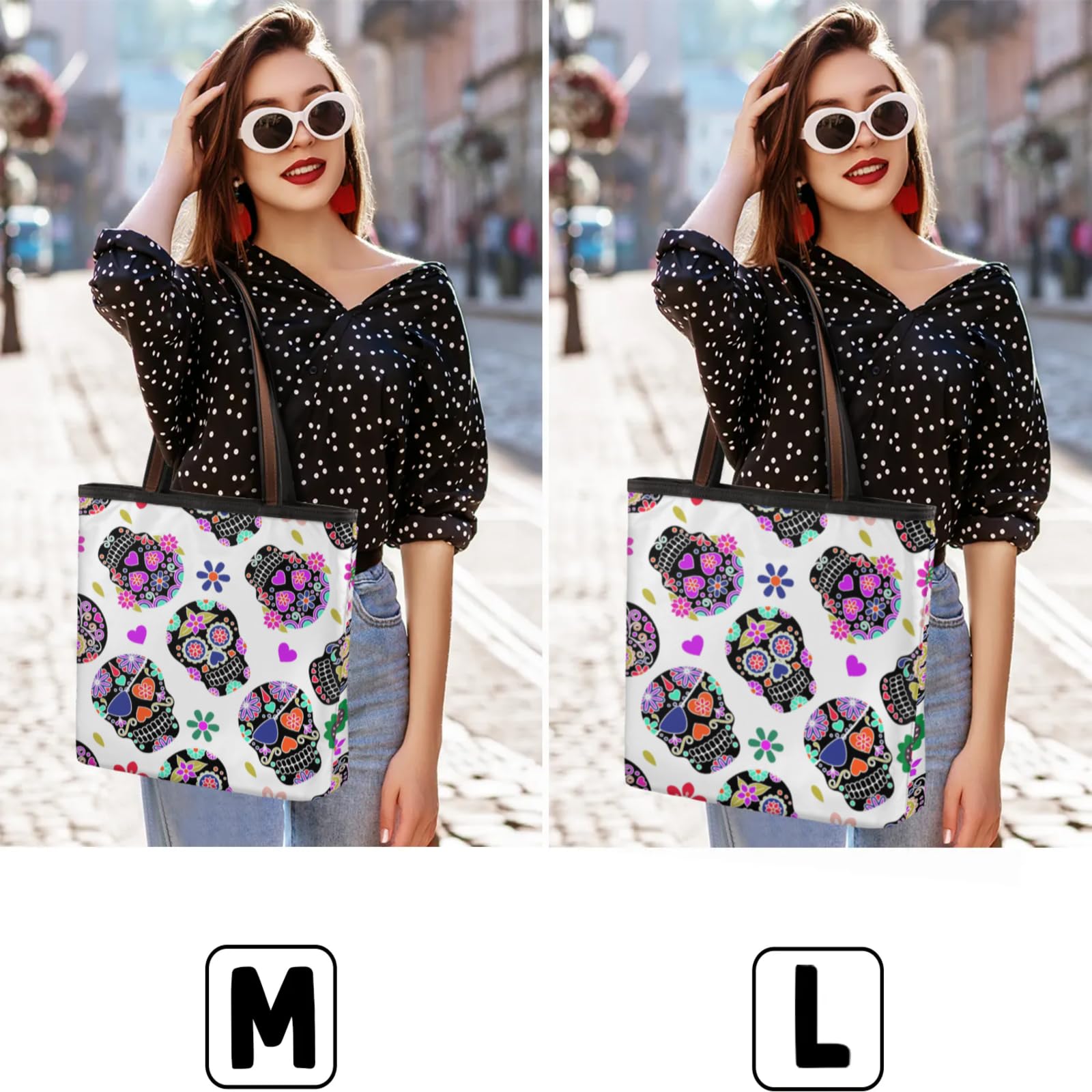 Sugar Skull Heart Flower Tote Bag Multi Pocket Zippered Beach Bag Lightweight Waterproof Handbag for Women Men Work Gym Travel Swimming Yoga Grocery Shopping L