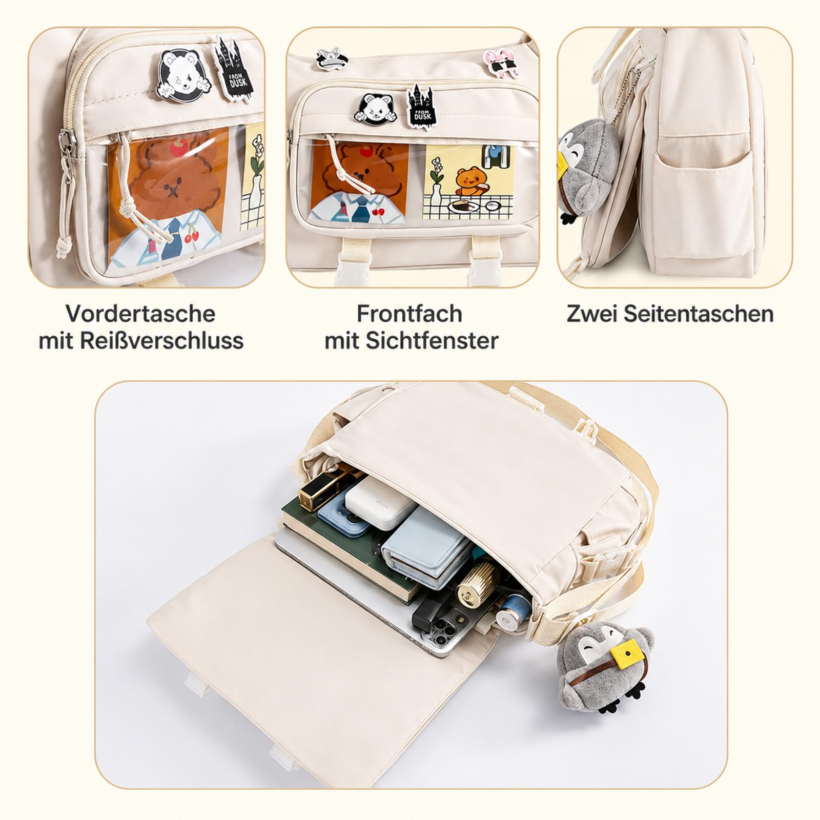 Borsa Ita, borsa a tracolla Y2K, borsa a tracolla da donna Ita in tela con spilla e ciondolo, borsa leggera, borsa a tracolla Kawaii