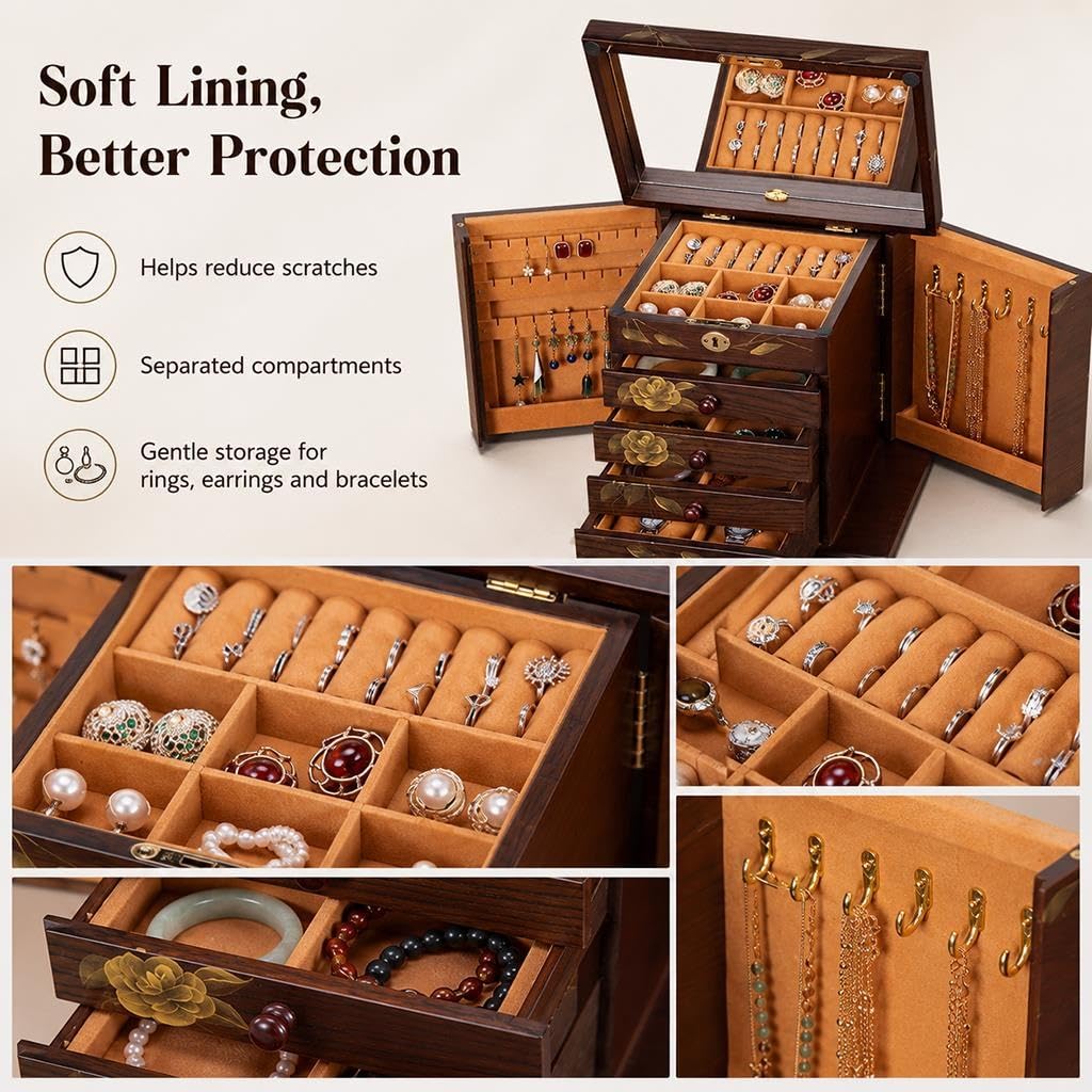 Organizer Per Gioielli Vintage Con Specchio, Grande Capacità Con Cassetti