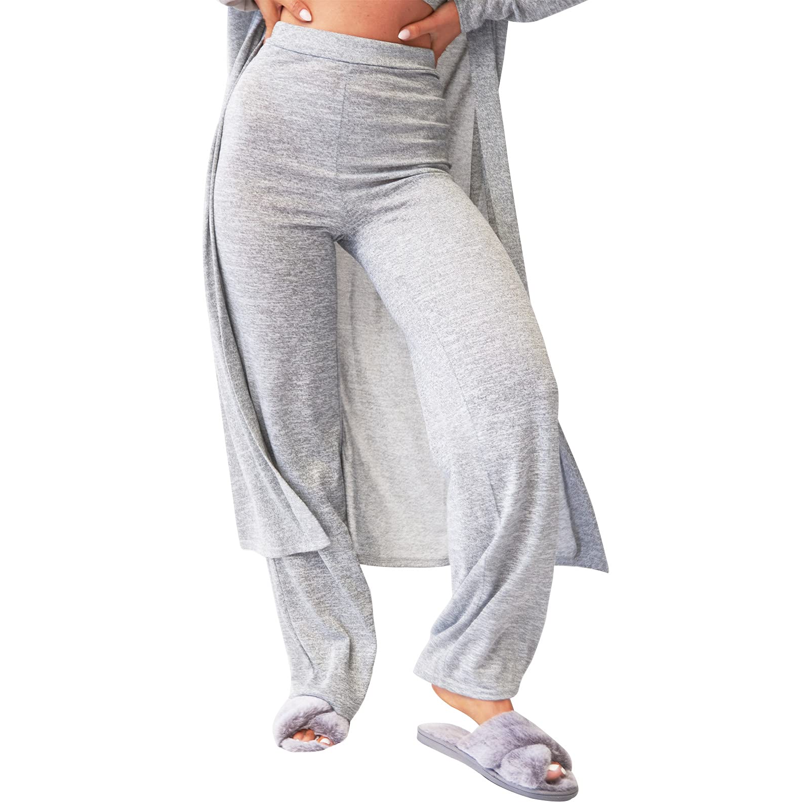 OHS Soft Jersey Comfortable Cosy Fleece High Waisted Womens Casual Trousers Loungewear Yoga Pants Flares, Grey - Medium 10-12 UK