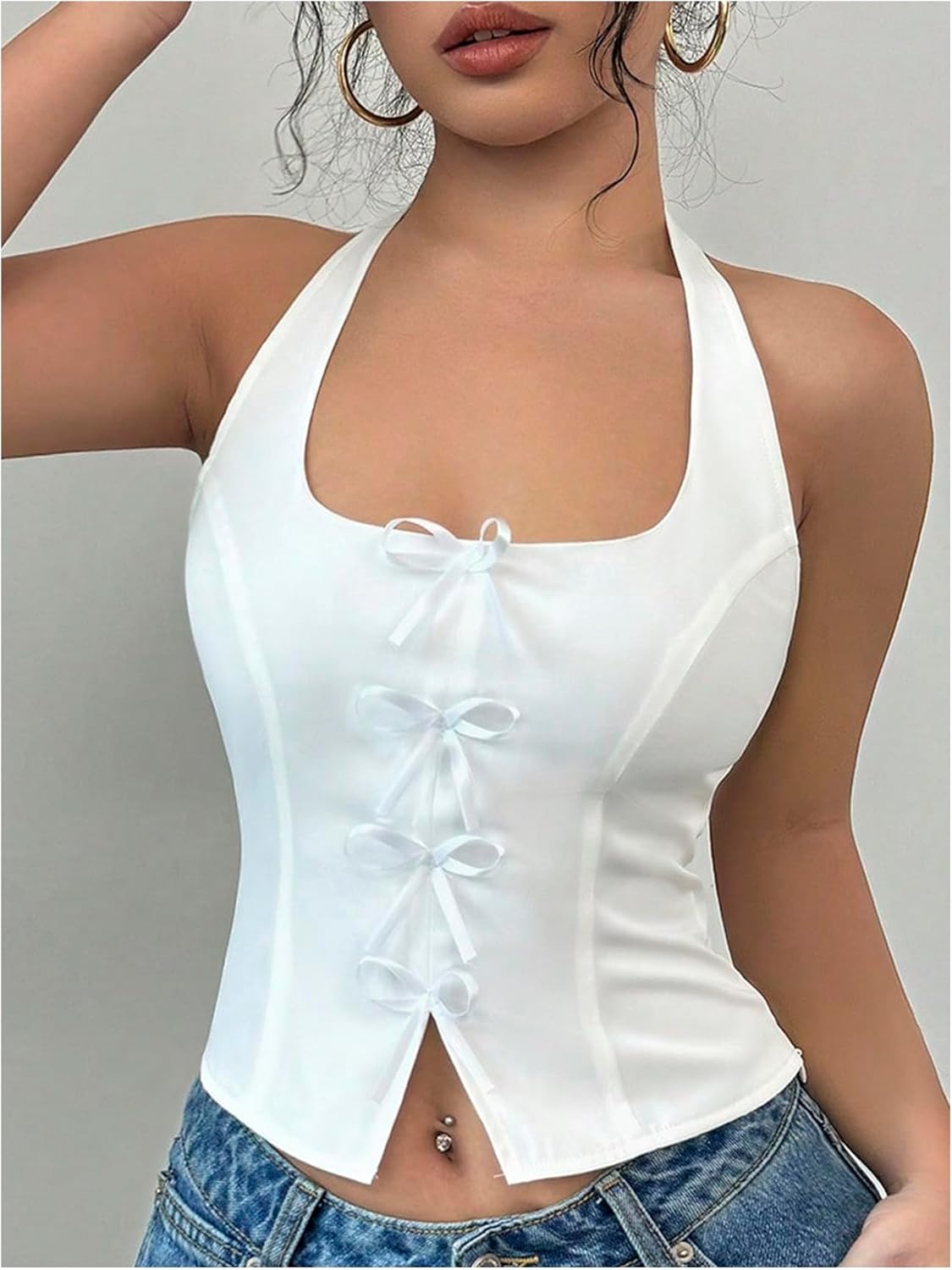SHENHE Women's Cute Bow Front Crop Halter Top Sleeveless Backless Slit Y2k Top Vest - Image 5