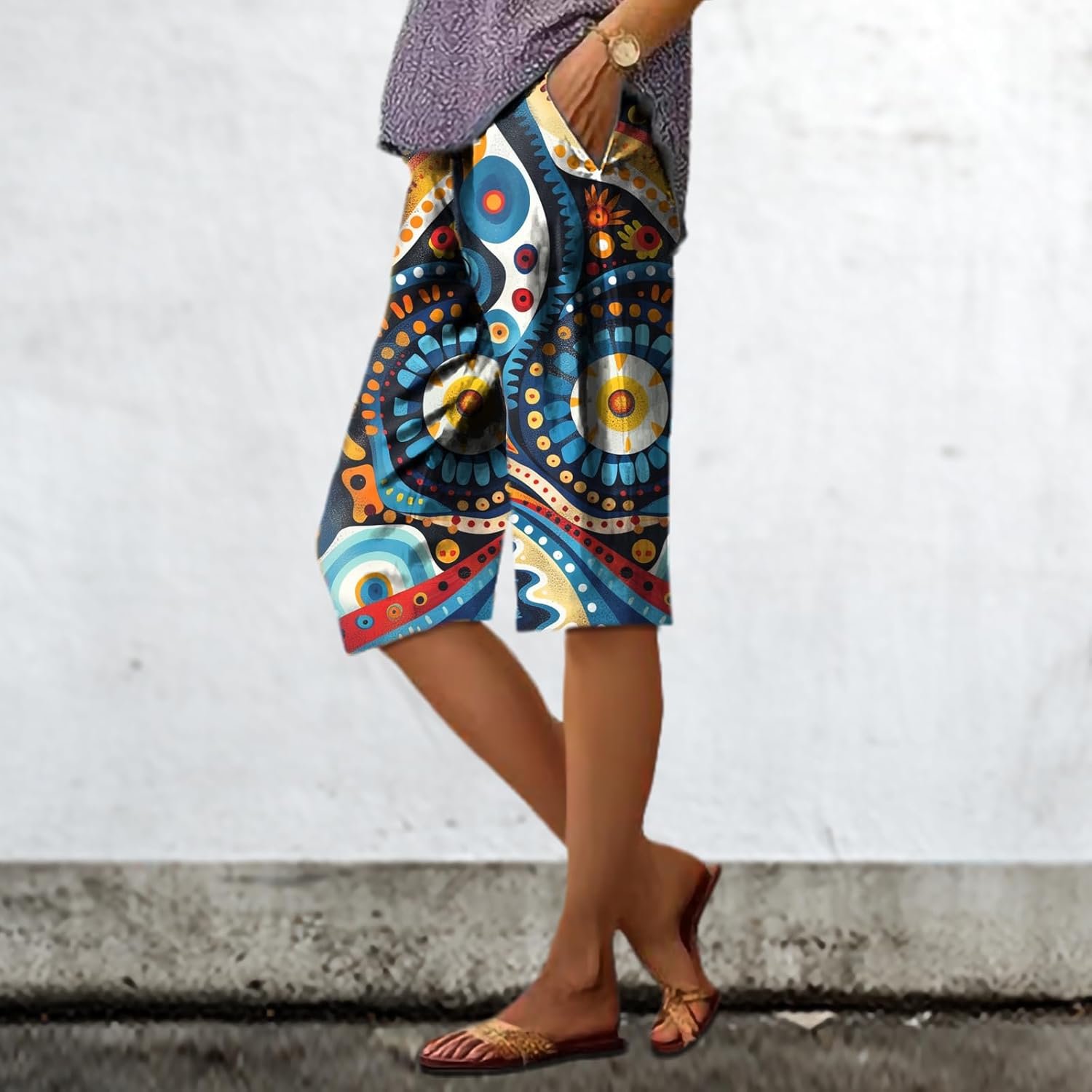 Pants for Women Bohemian Cool Graphic Hippie Y2K Fashionable Oversized Knee Length Bermuda Shorts - Image 2