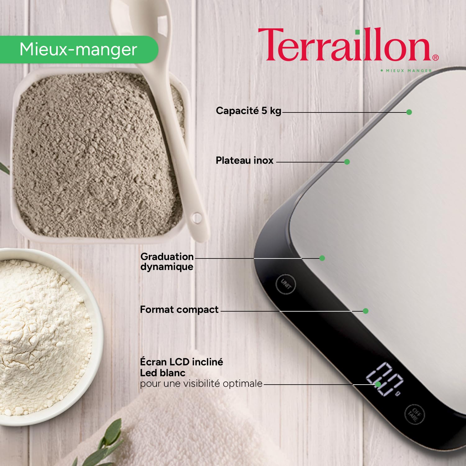 TERRAILLON - EPSILON - Balance de cuisine électronique de précision, Compacte, Capacité 5 Kg, Graduation dynamique 0,1g-0,5g-1g, Ecran LCD rétroéclairé, Inox