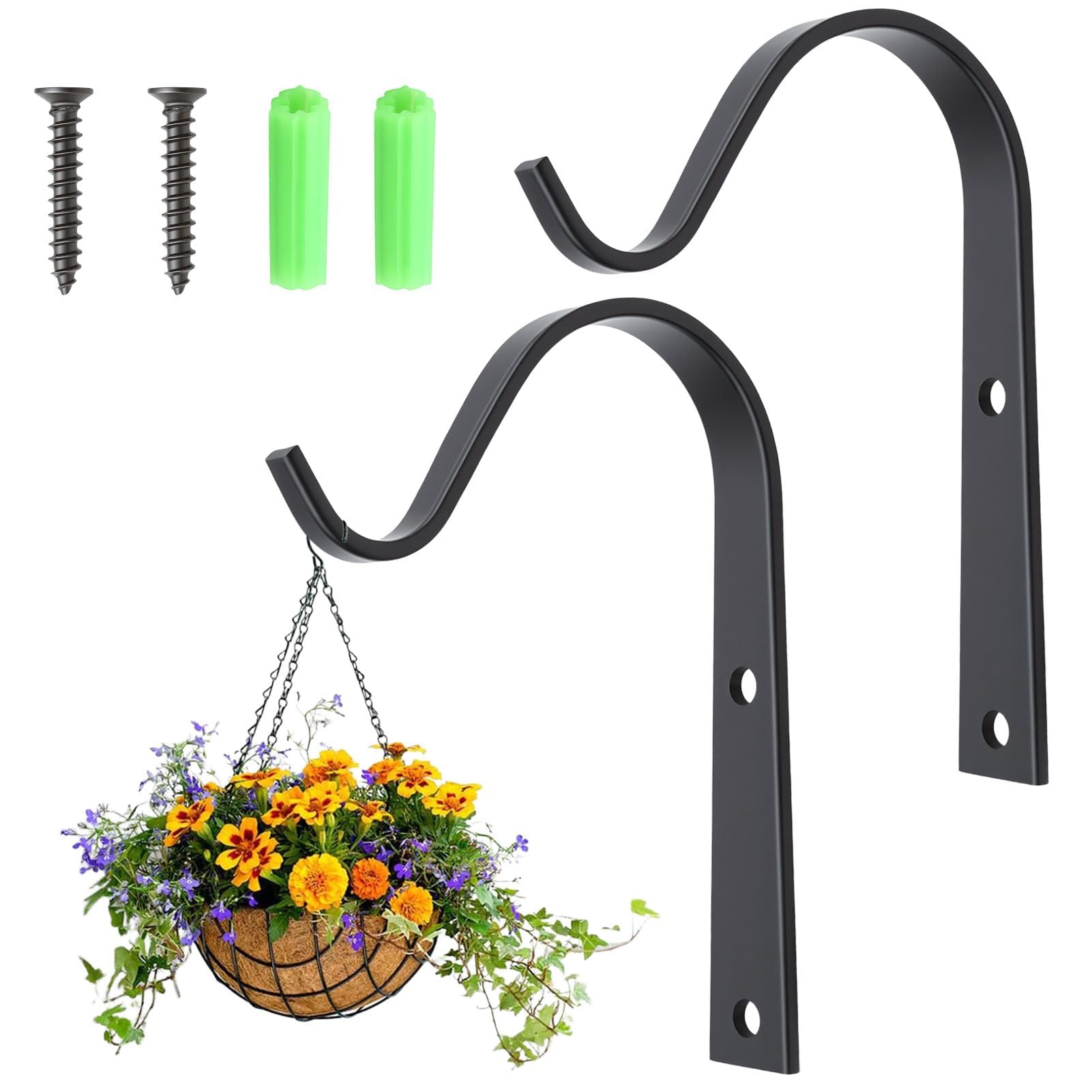2 PCS Hanging Basket Brackets Black, Small Iron Wall Hooks for Hanging Baskets, Outdoor Plant Hangers for Garden Fence Post, Bird Feeder, Lanterns & Wind Chimes Brackets Indoor Hang Mount Decor Holder