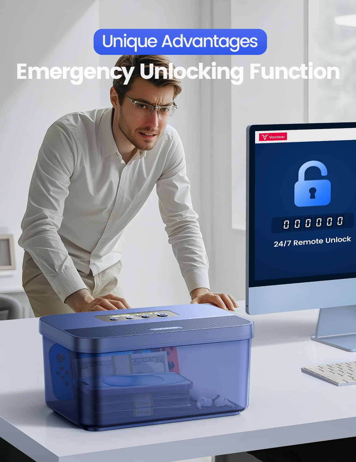 Vaydeer Safe Timed Lock Box, Phone Lock Box with Timer Unplug from Phones, Video Games, Social Media, Snacks & Cravings, Self-Control Lockable Storage Box for Focus & Self-Control(Dark Blue)