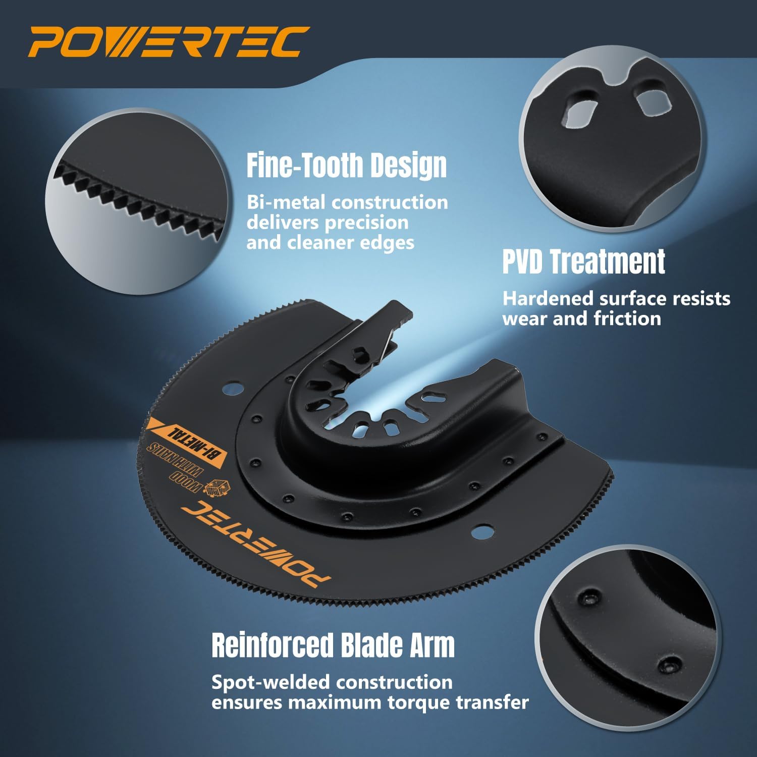 POWERTEC 14504 Oscillating Tool Blade 9pc Set – Bi-Metal & Carbide Multitool Blades with 2 Adapters for Fast Wood Cutting, Flush Cutting, and Cutting Hardened Metal, Bolts, Screws & Nails