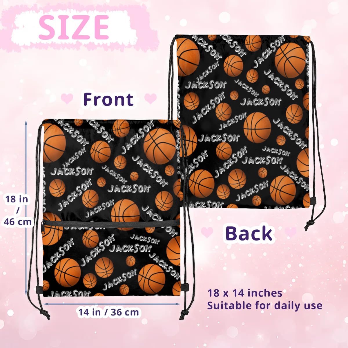 RIRIX Personalized Drawstring Backpack Dance Bag Gymnastics Bag, Custom Sport Sackpack String Gym Bag for Boy & Girl Black Basketball Text