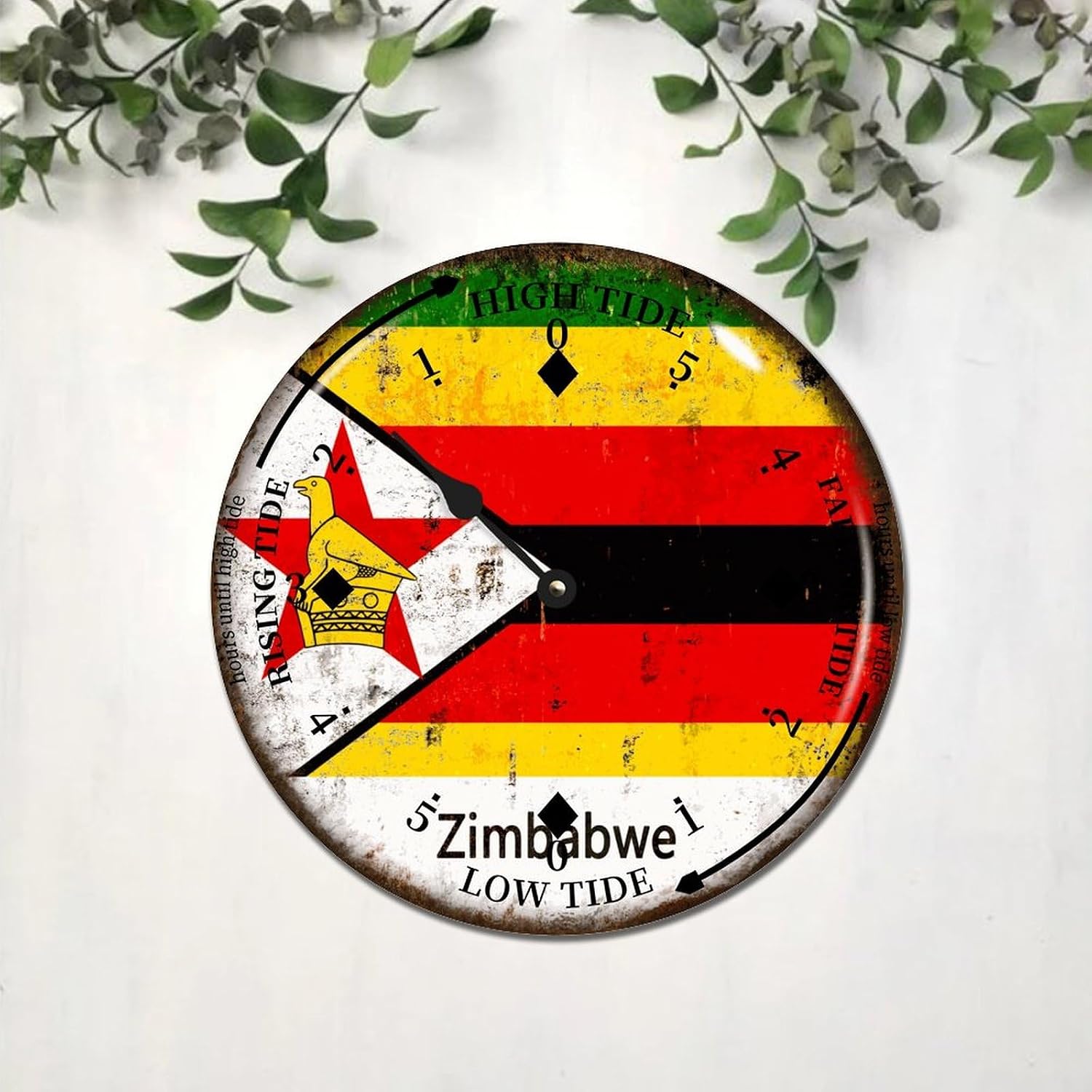 Zimbabwe National Flag Tide Clock Zimbabwe Wood Tidal Clock with High Tide Low Tide Battery Operated Clock 15x15 in Wall Hanging Tide Movement Clock for Beach House Cottage