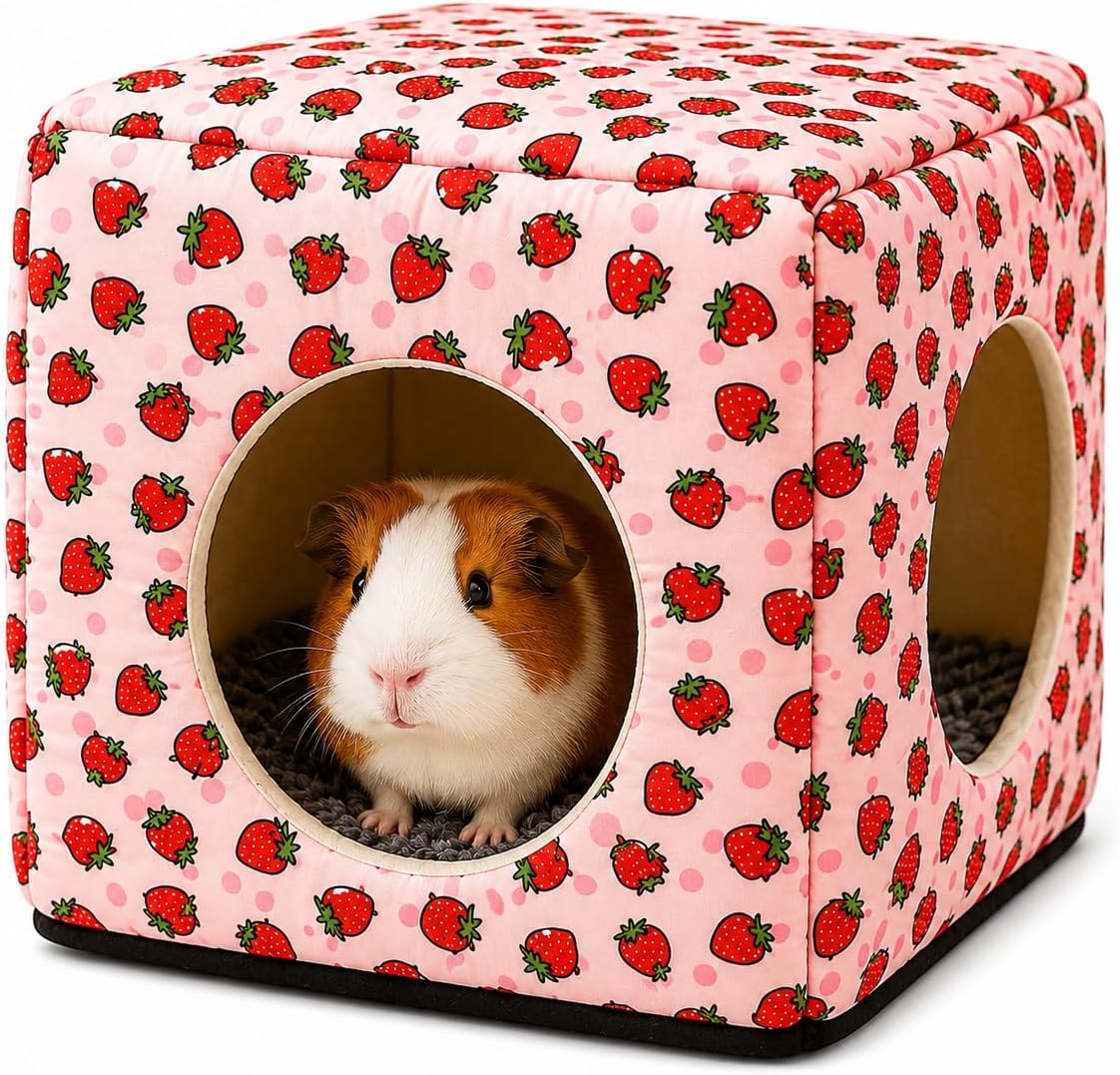 Guinea Pig Hideout - Semi-Enclosed Tent Style Small Animal House with Removable Mat - Pink Strawberry Washable Bunny Bed & Habitat Decor for Guinea Pigs, Chinchillas, Rats, Dwarf Rabbits