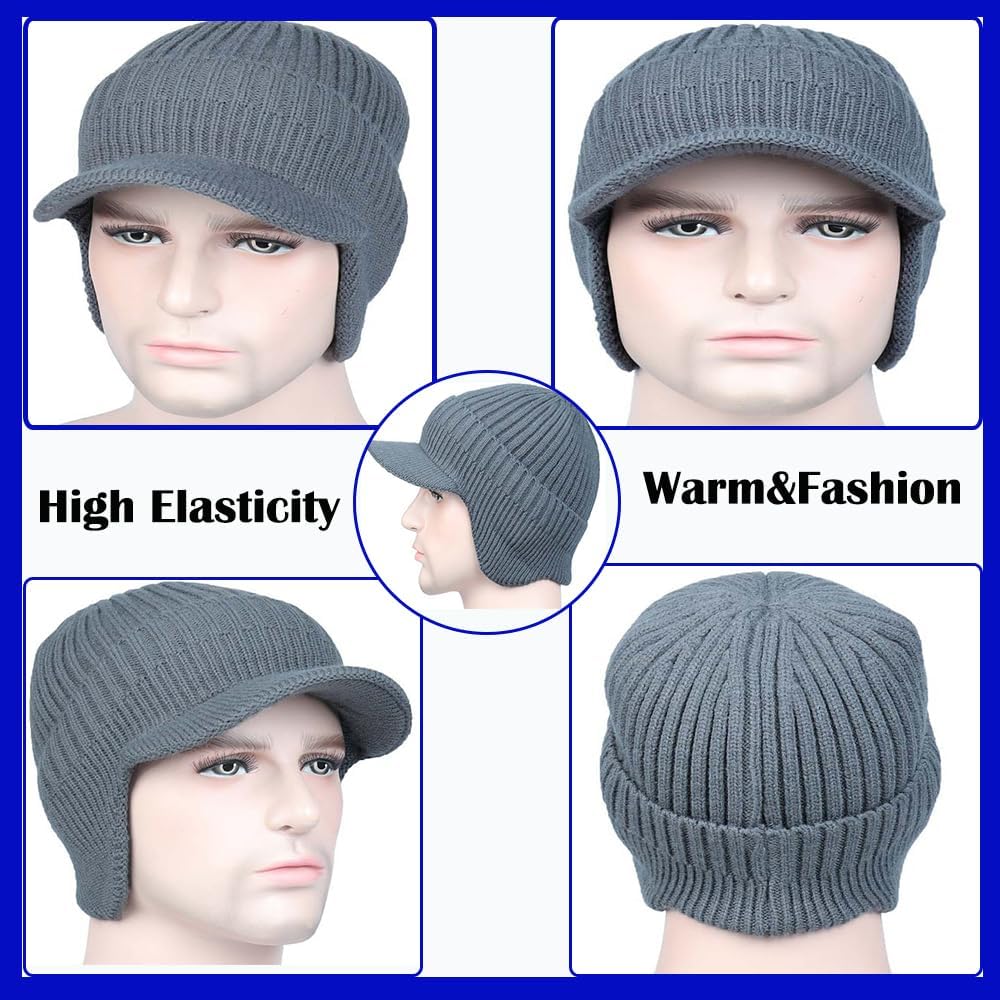 Knit Beanies with Visor & Earflaps for Men and Women, Winter Hats Fleece Lined Hat Stocking Caps Soft Warm Headwear - Image 7