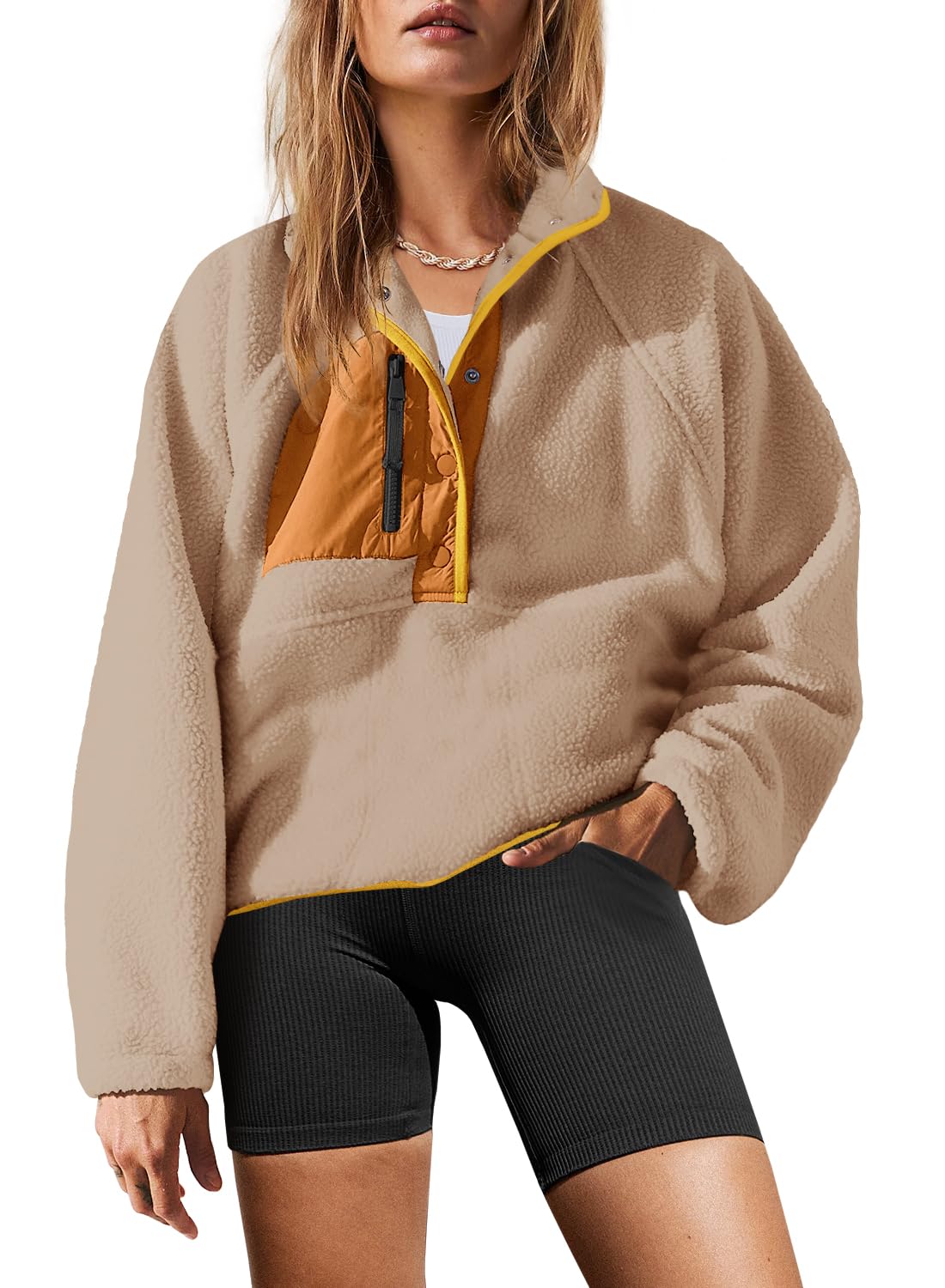 Yanekop Womens Fuzzy Fleece Pullover Sherpa Sweatshirt Long Sleeve Button Down Sweater Winter Fleece Jacket with Pockets