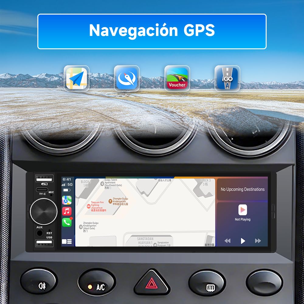 AWESAFE 1 DIN Radio Coche Universal con Pantalla Táctil 6.28 Pulgadas, con CarPlay/AndroidAuto, Admite Carga Type-C/2USB/Micrófono/FM/EQ/GPS/Bluetooth/SWC