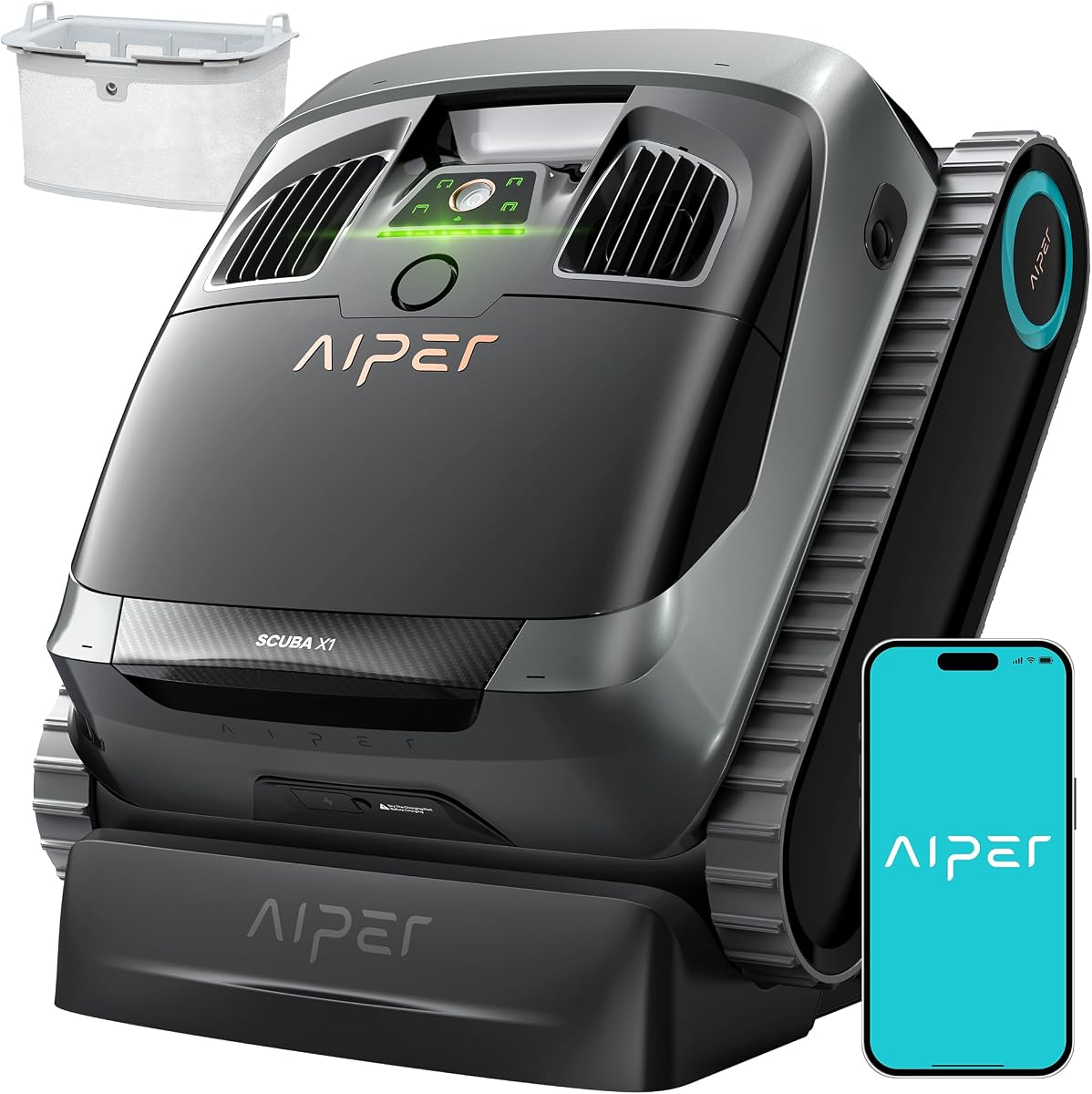 AIPER Scuba X1 Cordless Pool Robot with Powerful Suction, Double Filtration and Wireless Charging Dock, Floor/Wall/Waterline Cleaning, 185 Mins Runtime for Above & In-Ground Pools, Dark
