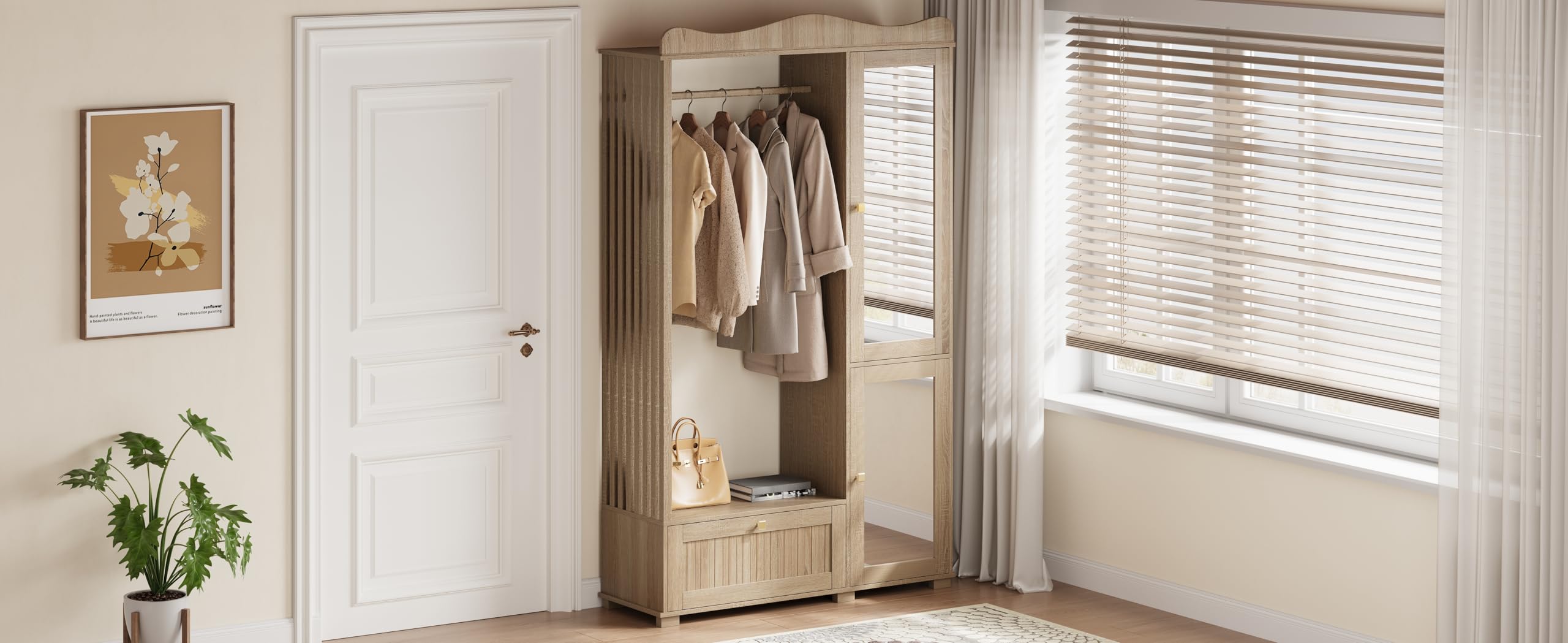 Armario con espejo, 2 puertas, barra y cajón | Tres zonas de almacenamiento de madera de roble, silenciosas herrajes para dormitorio, pasillo y pasillo