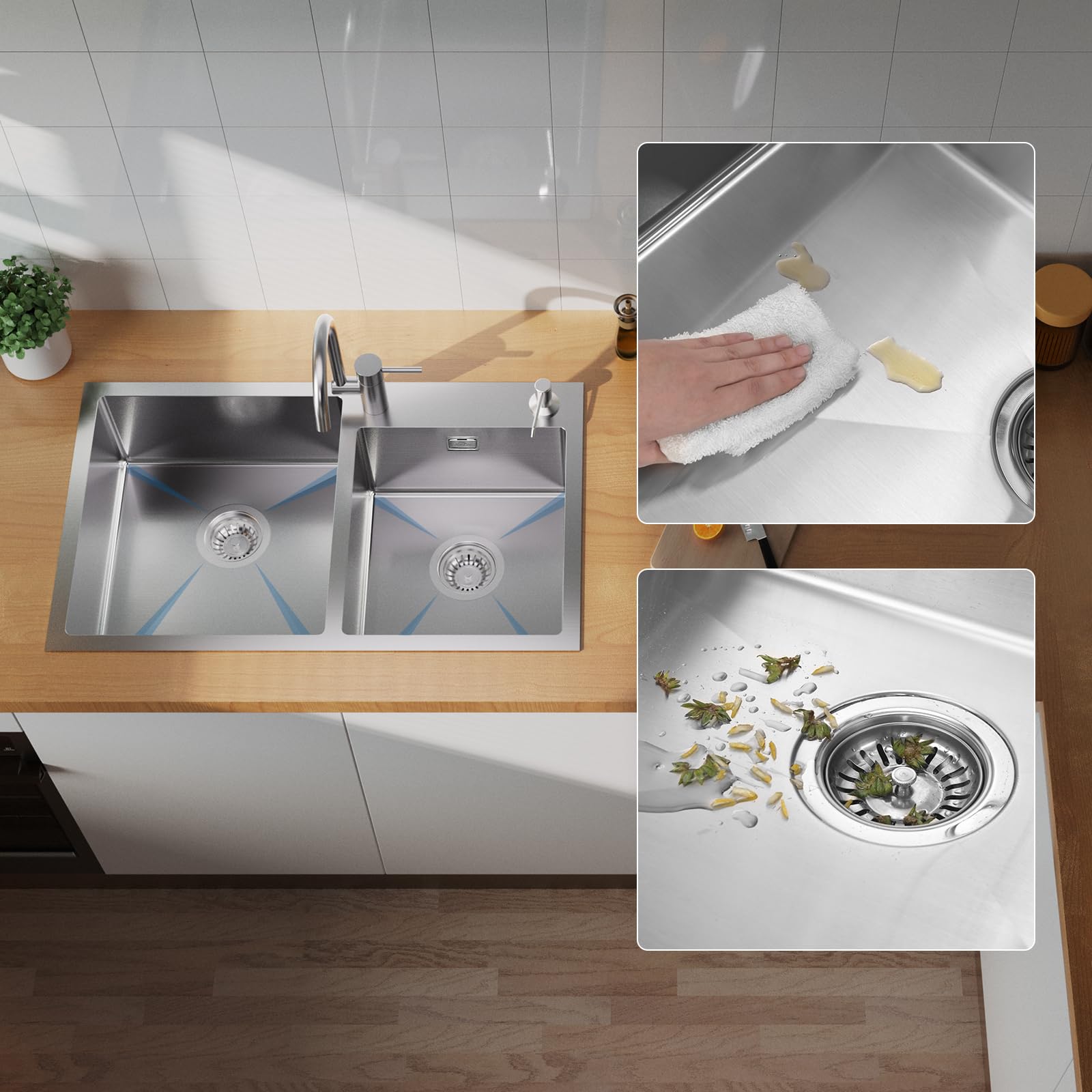 CECIPA Lavello Cucina 2 Vasche in Acciaio Inox - 75x45 cm, Lavabo Cucina Include Dispenser Sapone, Sifone e Gruppo di Scarico