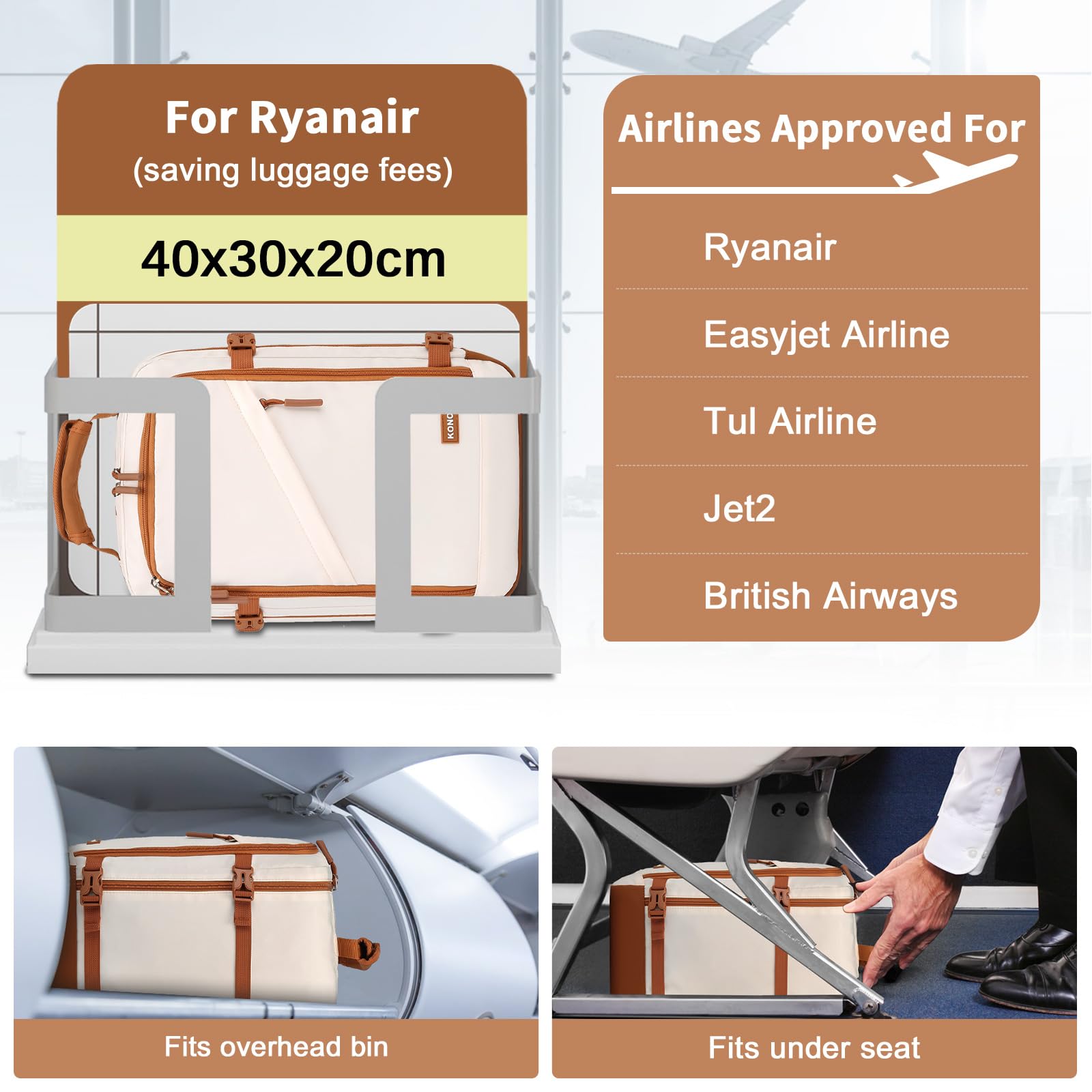 Kono Ryanair Cabin Bags 40x30x20 40x20x25 Underseat Bags Travel Backpack Cabin Size Carry-ons Hand Luggage Bag Waterproof Ryanair Underseat Backpack for Man&Woman Beige — view 2