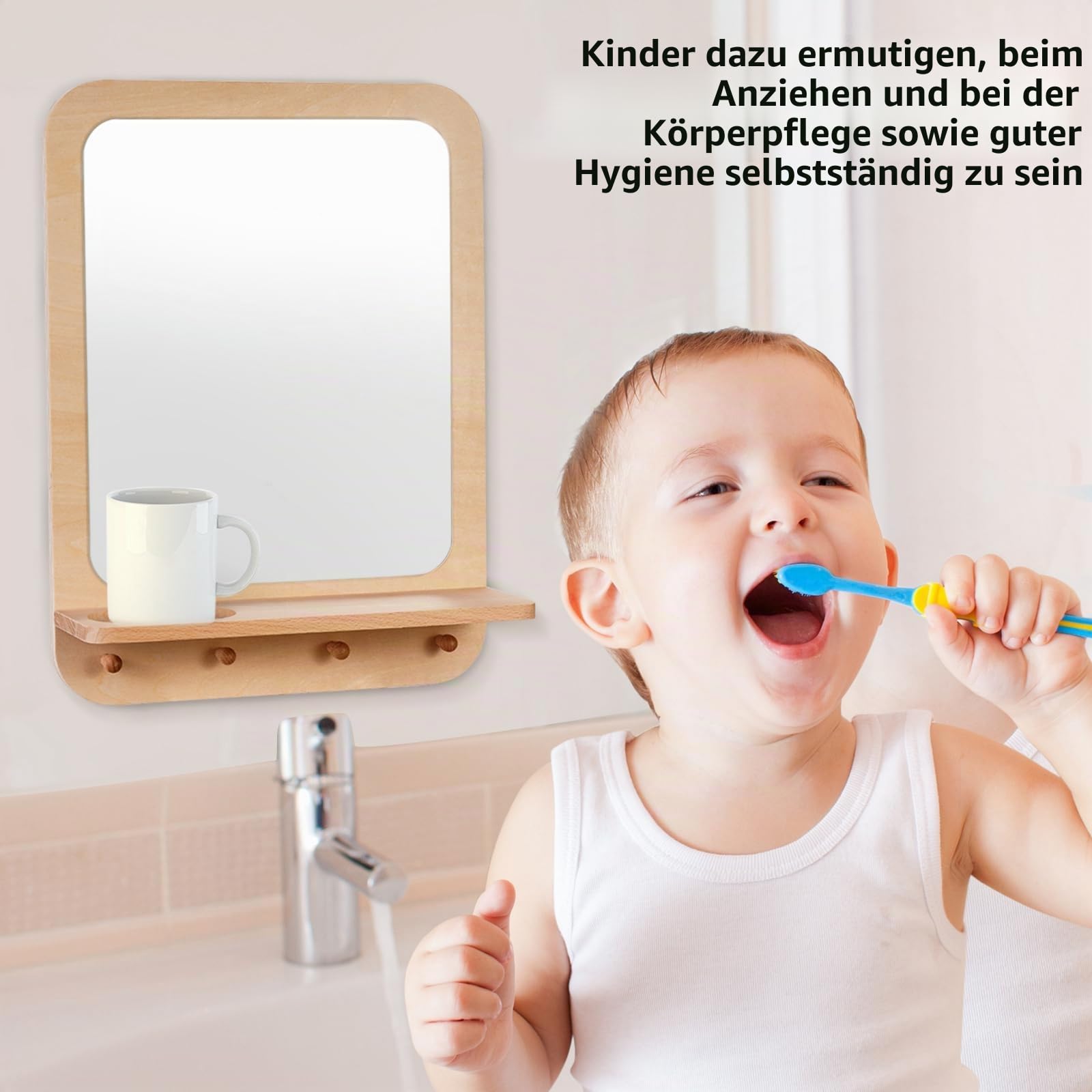 Wandspiegel aus Holz und Acryl für Kinder mit Haken und Regal, bruchsicherer Eingangsbereich, Acryl-Wandspiegel, unzerbrechlicher Holzrahmen, Kleinkindspiegel für Zuhause, Spielzimmer,