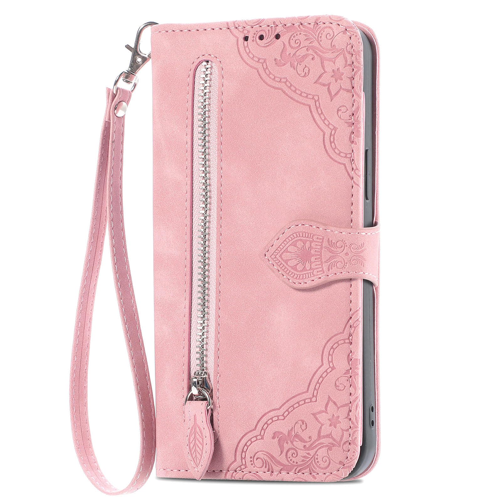 TopFunny Cases for iPhone 15 Wallet Case for Women with Card Holder Retro Embossed Flower Zipper Wallet PU Leather Flip Cover with Detachable Lanyard for Apple iPhone 15 6.1