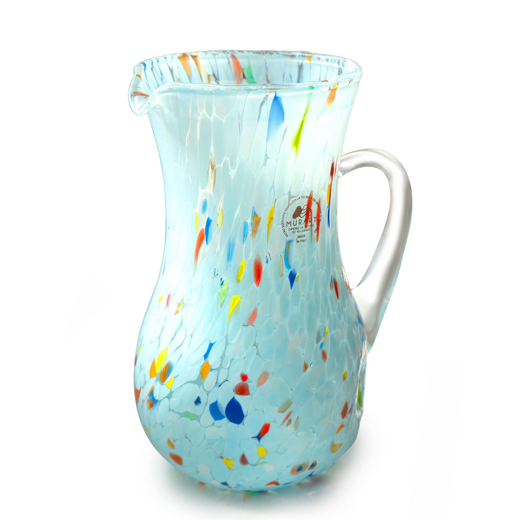 MurArt Brocca in Vetro di Murano Set da 6 bicchieri da 1000ml Collezione Onde in vetro soffiato a mano in lavorazione artigianale Made in Italy (Celeste, Brocca)