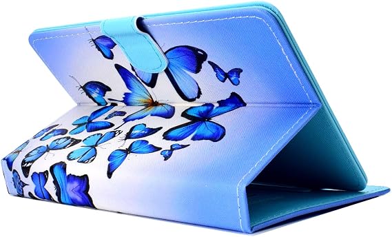 Universal 7 inch Tablet Stand Case, Techcircle PU Leather [Card Slots] Magnet Cover, for Samsung Galaxy Tab E/Tab A 7.0, Fire 7 9th/7th/5th Gen, Lenovo/RCA and More 6.5-7.5 Tablet, Butterflies Blue