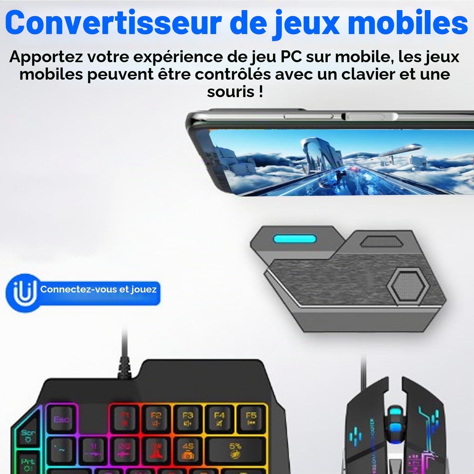 Greensen Jeu Mobile Combo, Clavier Souris Convertisseur 4 en 1 pour Jeu à Une Main avec Support Téléphone pour Charge Rapide sans Délai