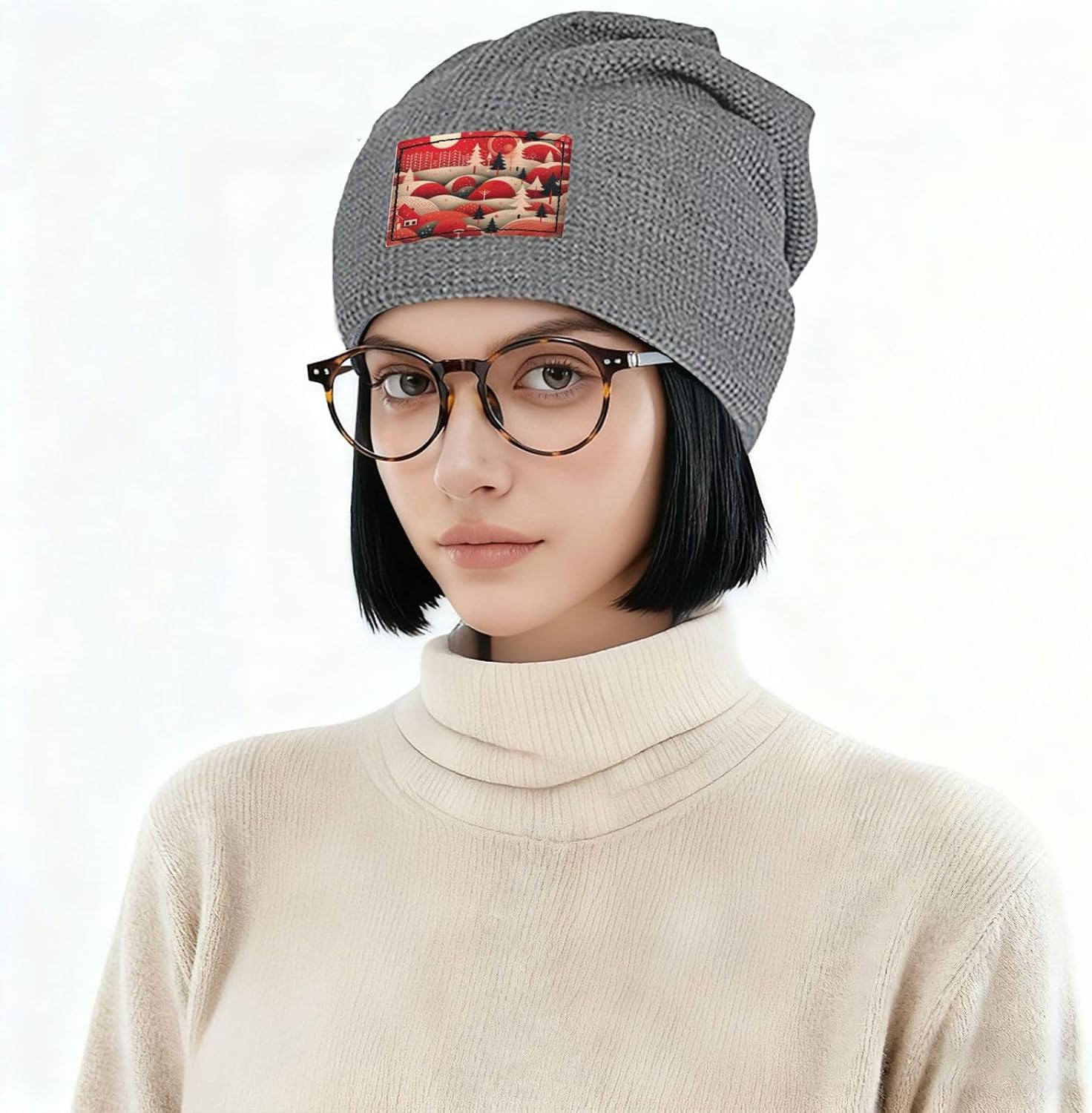Soft Warm Christmas Tree House Print Waffle Knit Pullover Hat for Men Women Winter Hats