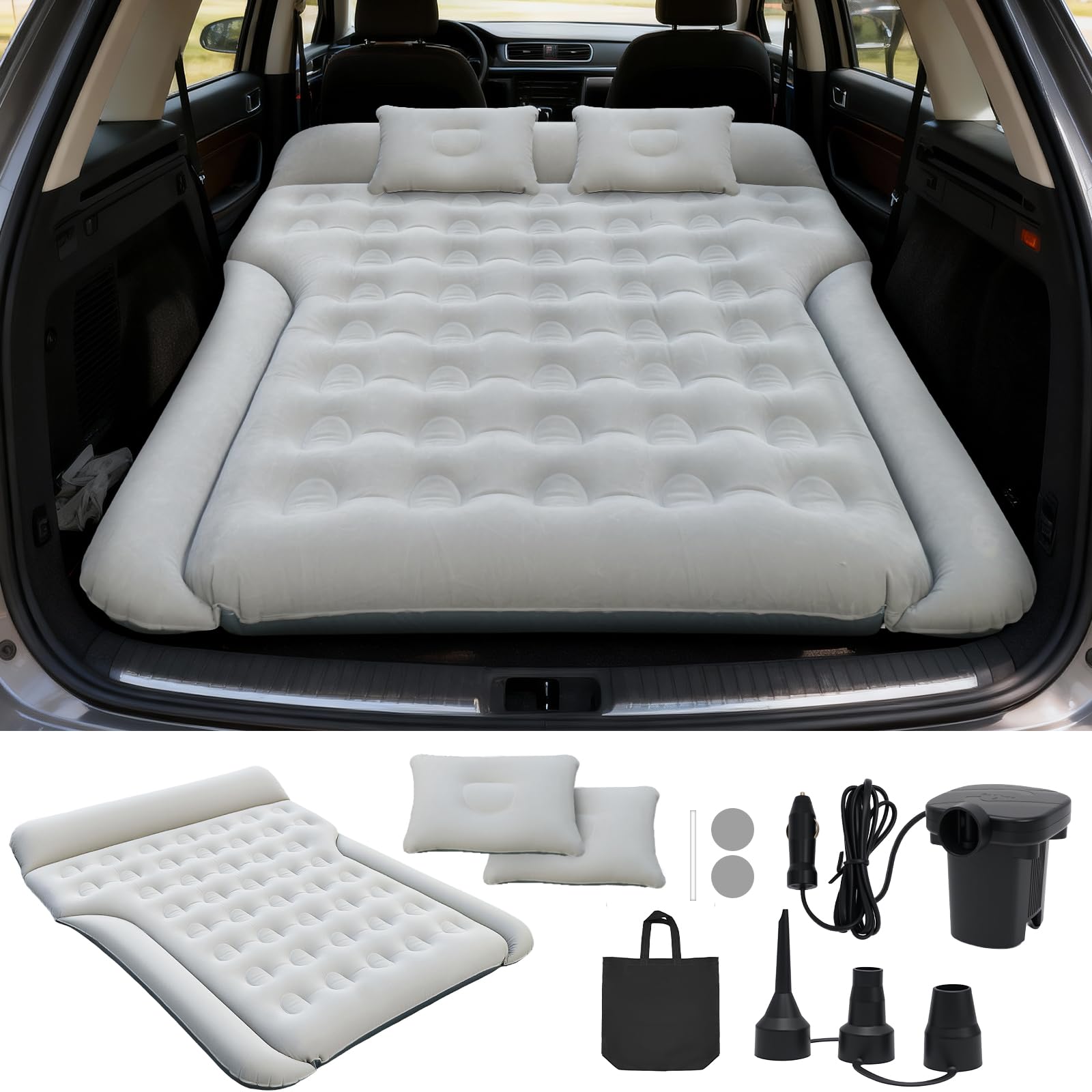Matelas Gonflable Pour Voiture – Confortable Pour Siège Arrière Ou Coffre, 180x144x25 Cm, Pompe 12V Incluse, Gris