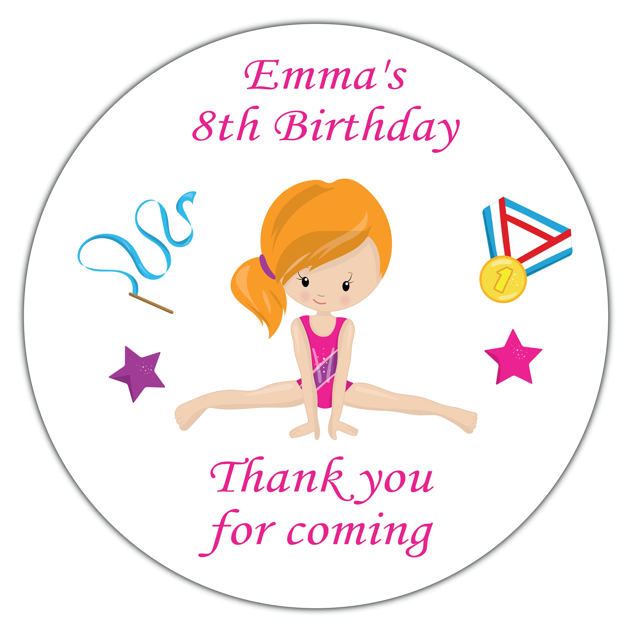Personalised Birthday Party Stickers for Gift Sweet Bag Gymnastics Girl (24 x Round 45mm Medium, Red Hair)
