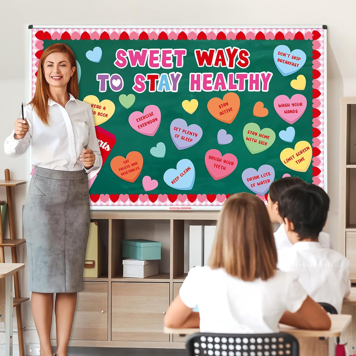 Valentine's Day Health Habit Bulletin Board Set Valentines Sweet Ways to Stay Healthy Classroom Decoration Sweet Love Heart Cutouts Heart Bulletin Board Border for School Home Wall Door Party Supplies