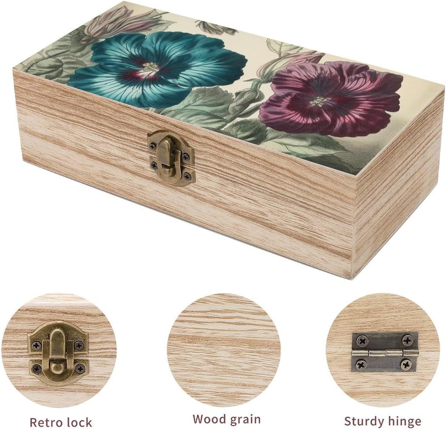 Three Flowers Painting Wooden Box with Hinged Lid, Large Photo Storage Box for Women Men, Keepsake Treasure Chest Boxes, Jewelry Organiser Case, Memory Case, 7.9'' X 3.9'' X2.3''