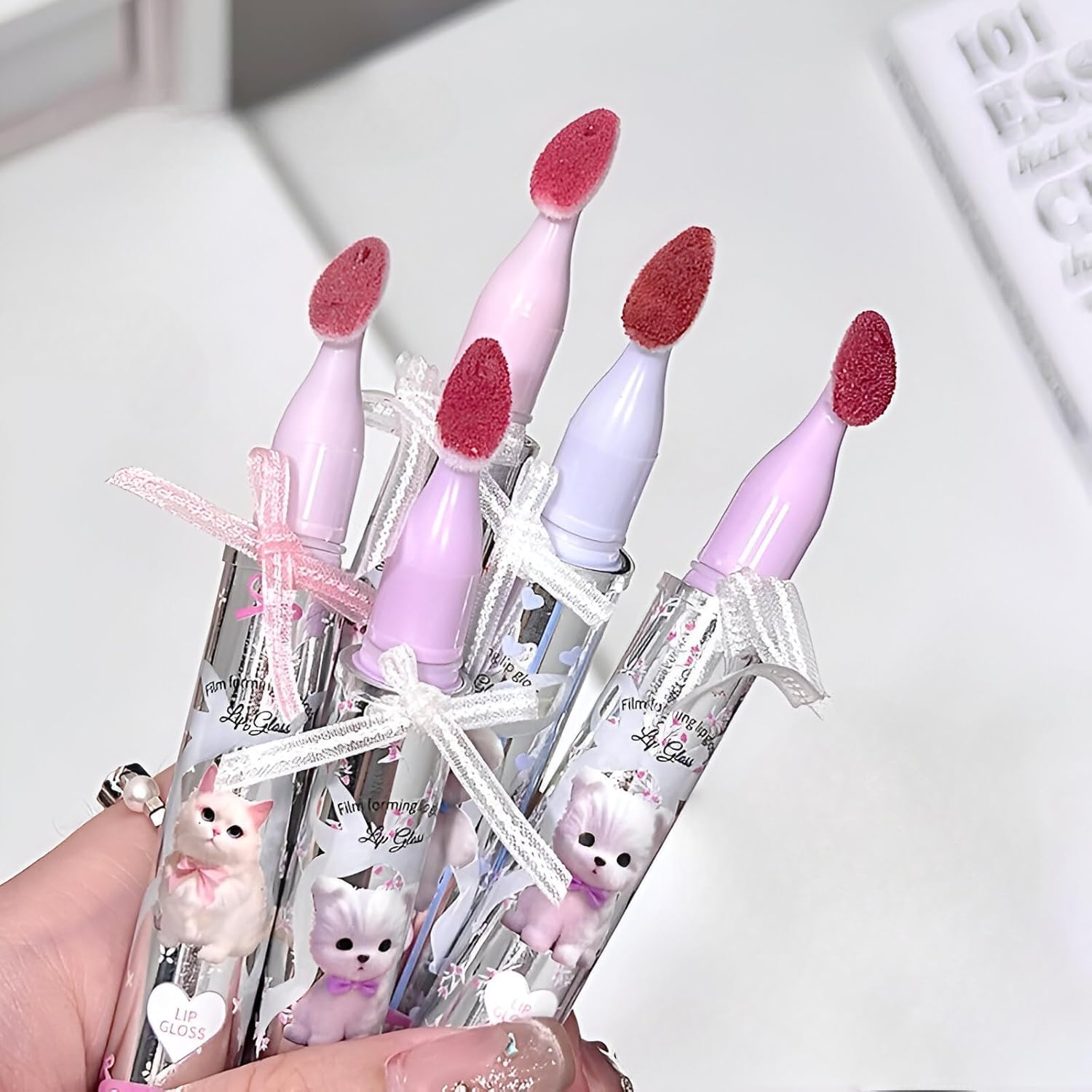 Gege Bear Film Forming Lip Gloss | Cute Kitten Design with Sponge Brush Applicator | Moisturizing Lip Tint for Women Girls | Non-Sticky Long-Lasting Formula | Light Pink to Red Wine Lipstick Colors | Waterproof Lip Care with Glossy Finish (02# Long Live In Love, 1.8g)-image-32