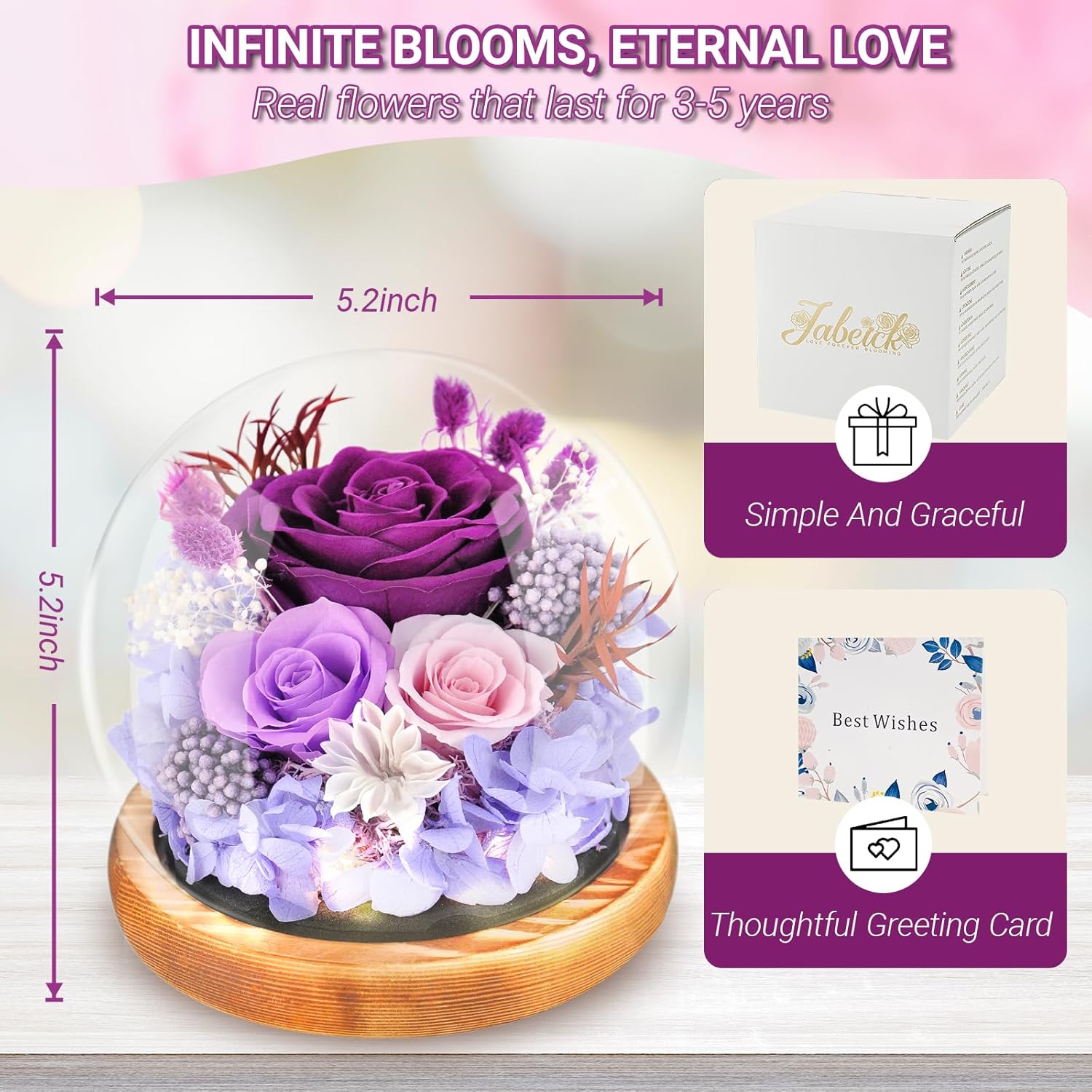 Preserved Flowers Rose in Glass Dome Forever Flowers Valentines Day Gifts for Her Eternal Roses with Light Long-Lasting Real Flowers Mothers Day Birthday for Women Mom Grandma, Purple - Image 5