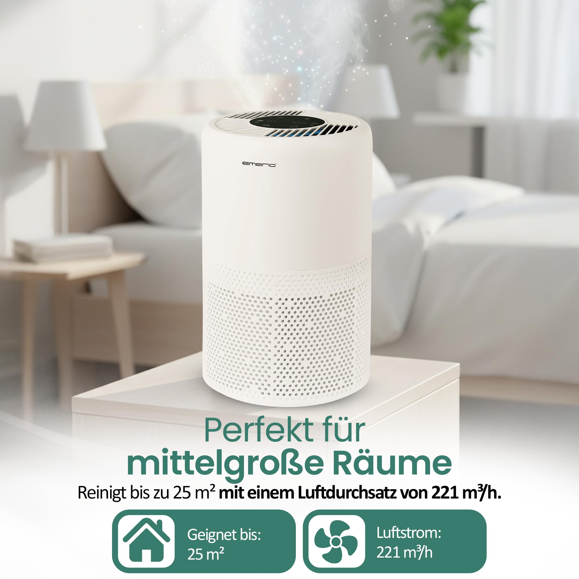 EMERIO Purificatore d'aria con filtro HEPA 13 (potenza del filtro al 99,97%) contro muffa, polvere, polline e odori | WLAN: Smart Life, funzione ionica e timer, adatto per ambienti fino a 25 m² |